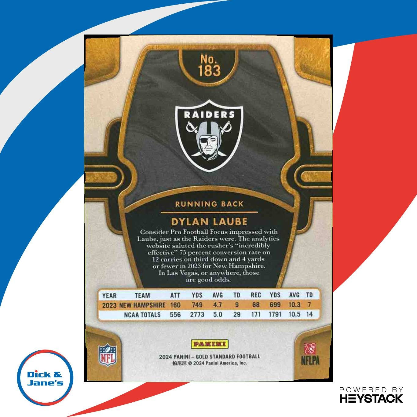 2024 Panini Gold Standard Dylan Laube 31/99 #183 RC Las Vegas Raiders - Sports Cards