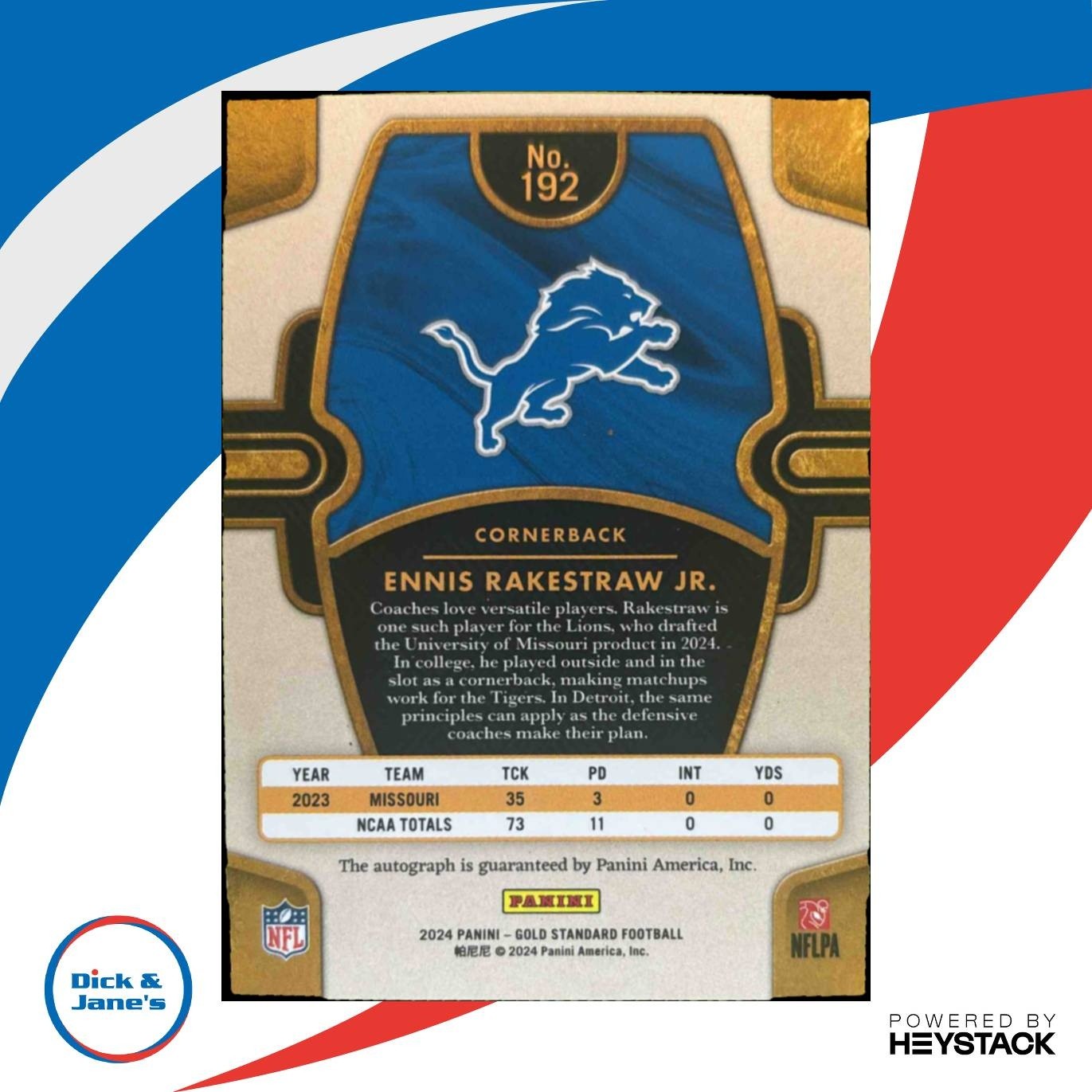 2024 Panini Gold Standard Ennis Rakestraw Auto /99 #192 RC Detroit Lions - Sports Cards