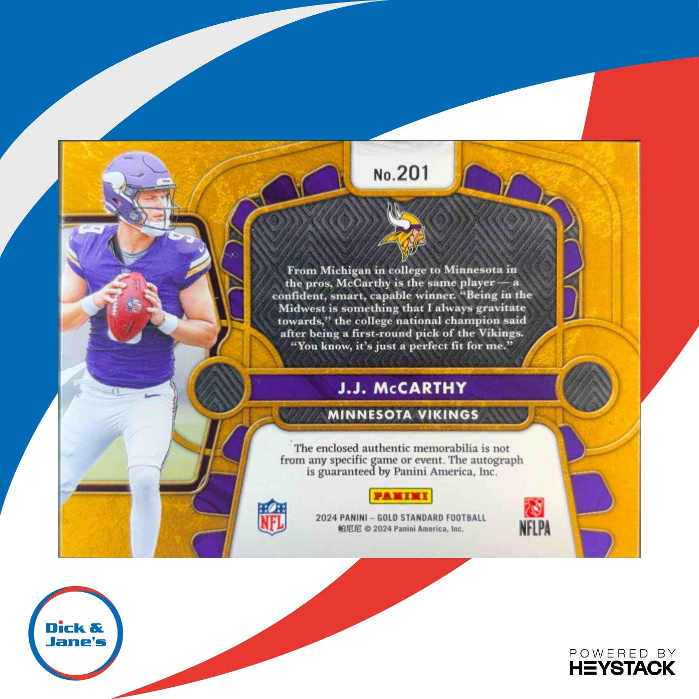 2024 Panini Gold Standard J.J. McCarthy 29/199 201 MEM RC Auto Minnesota Vikings - Sports Cards