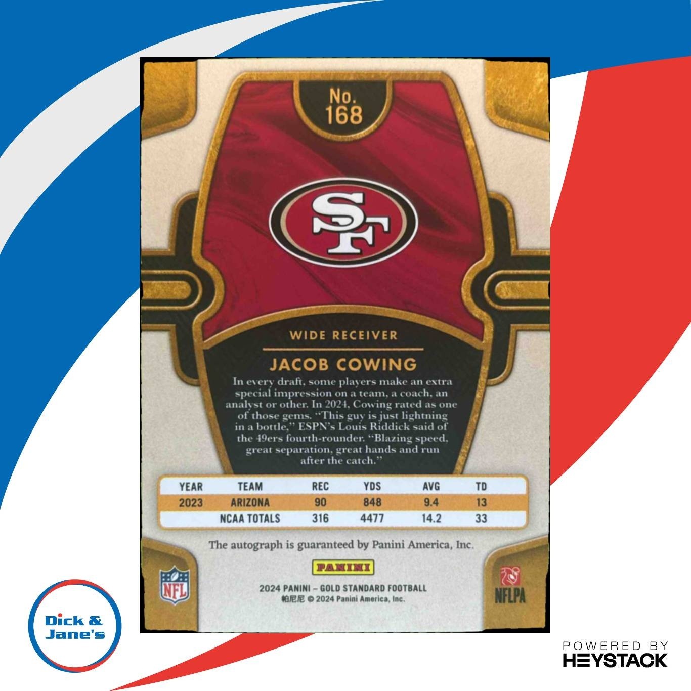2024 Panini Gold Standard Jacob Cowing Auto 53/299 #168 San Francisco 49ers - Sports Cards