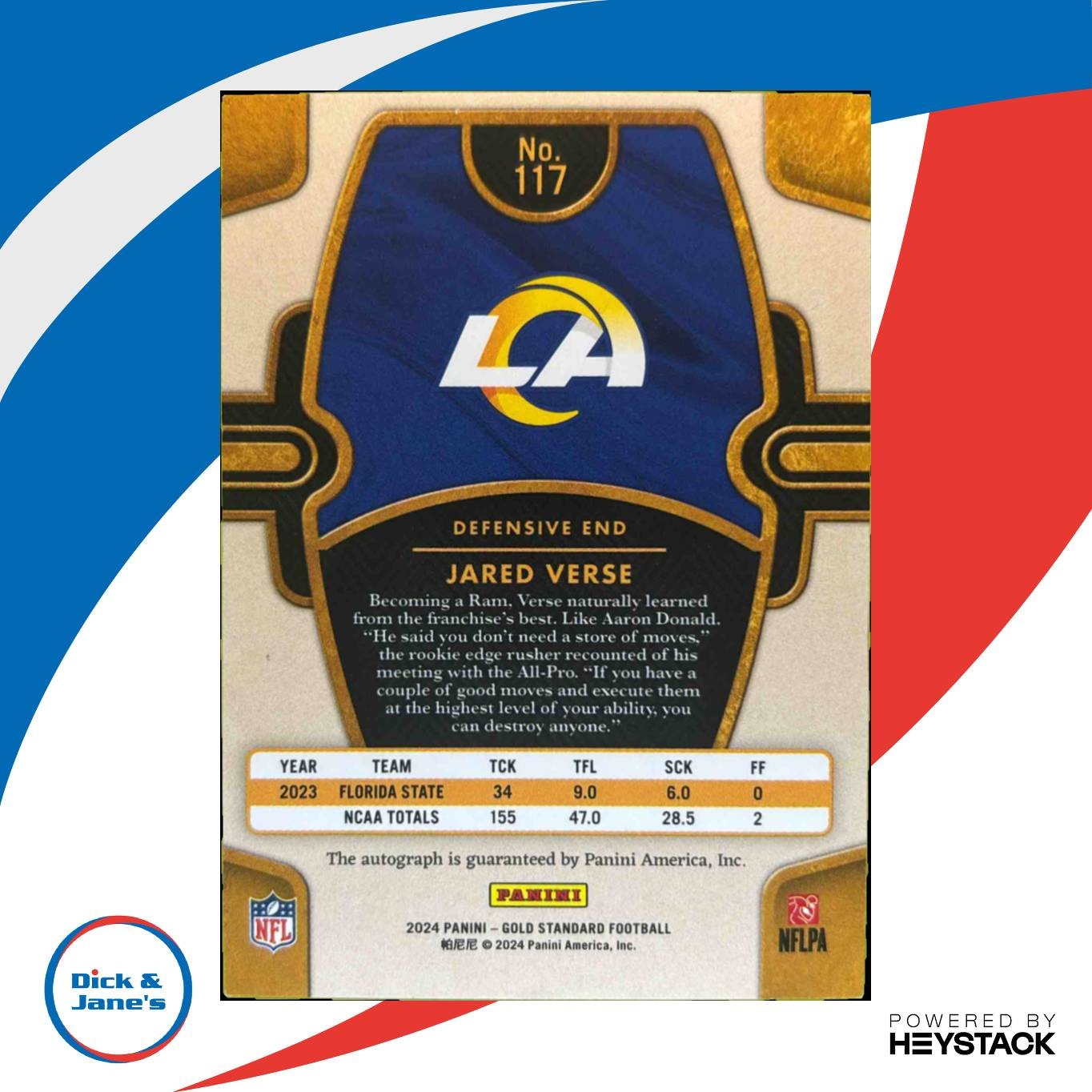 2024 Panini Gold Standard Jared Verse Auto 108/199 #117 RC Los Angeles Rams - Sports Cards