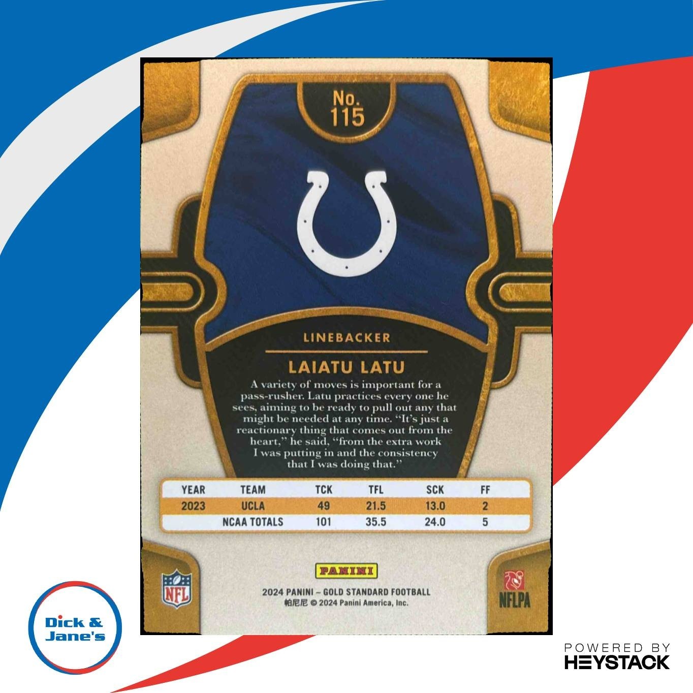 2024 Panini Gold Standard Laiatu Latu 68/99 #115 RC Indianapolis Colts - Sports Cards