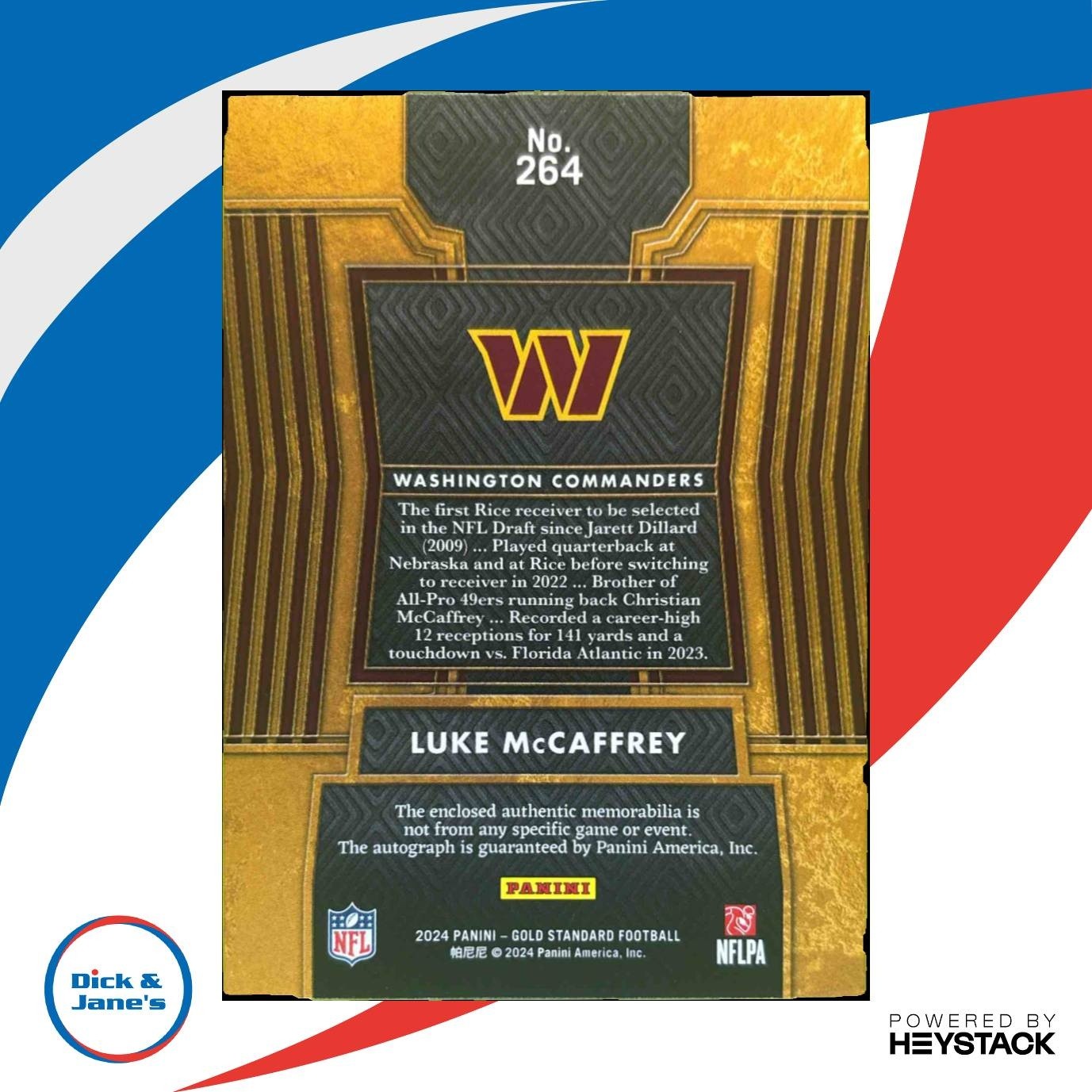 2024 Panini Gold Standard Luke McCaffrey Patch Auto /149 #264 MEM RC Commanders - Sports Cards