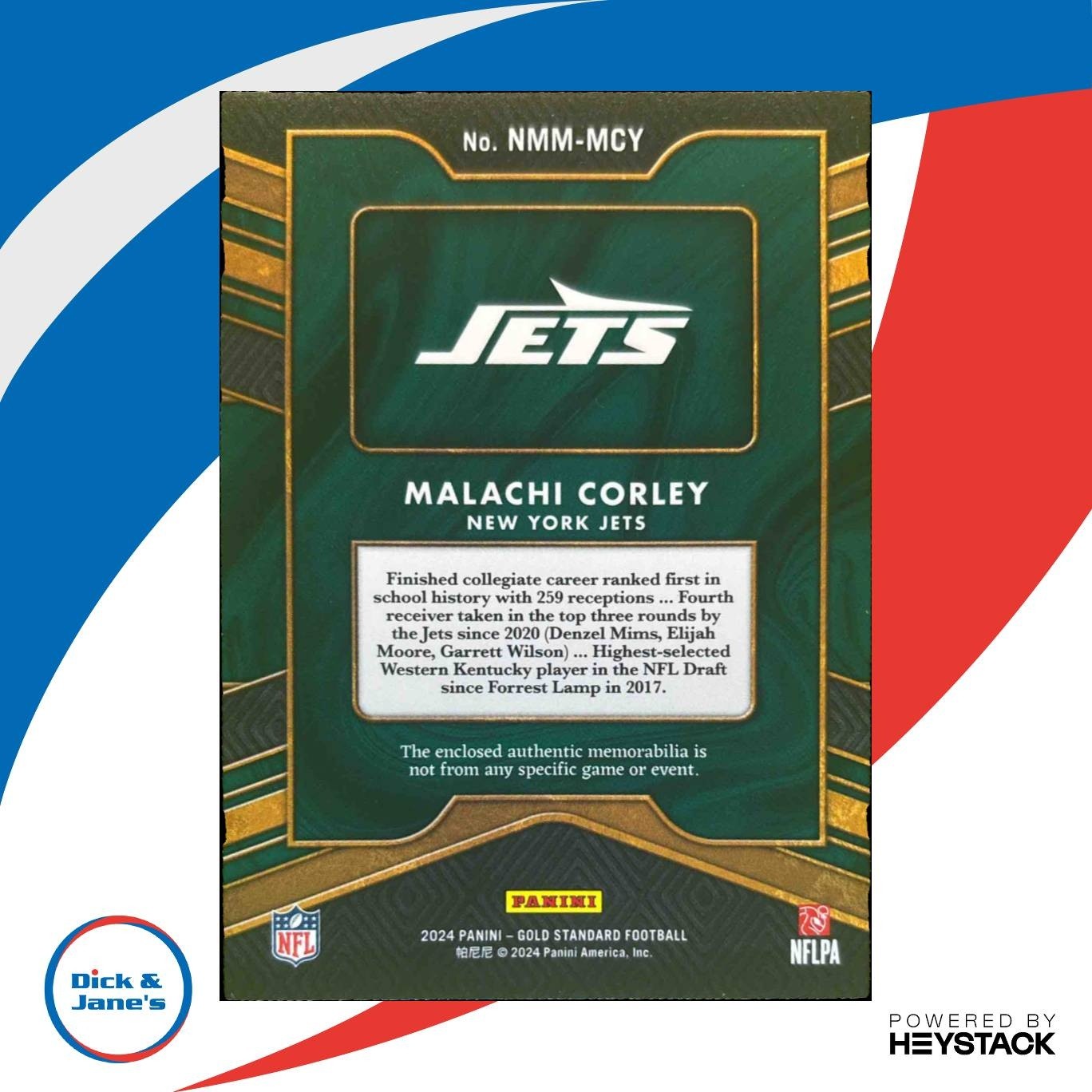 2024 Panini Gold Standard Malachi Corley Newly Minted Patch /499 MEM RC Jets - Sports Cards