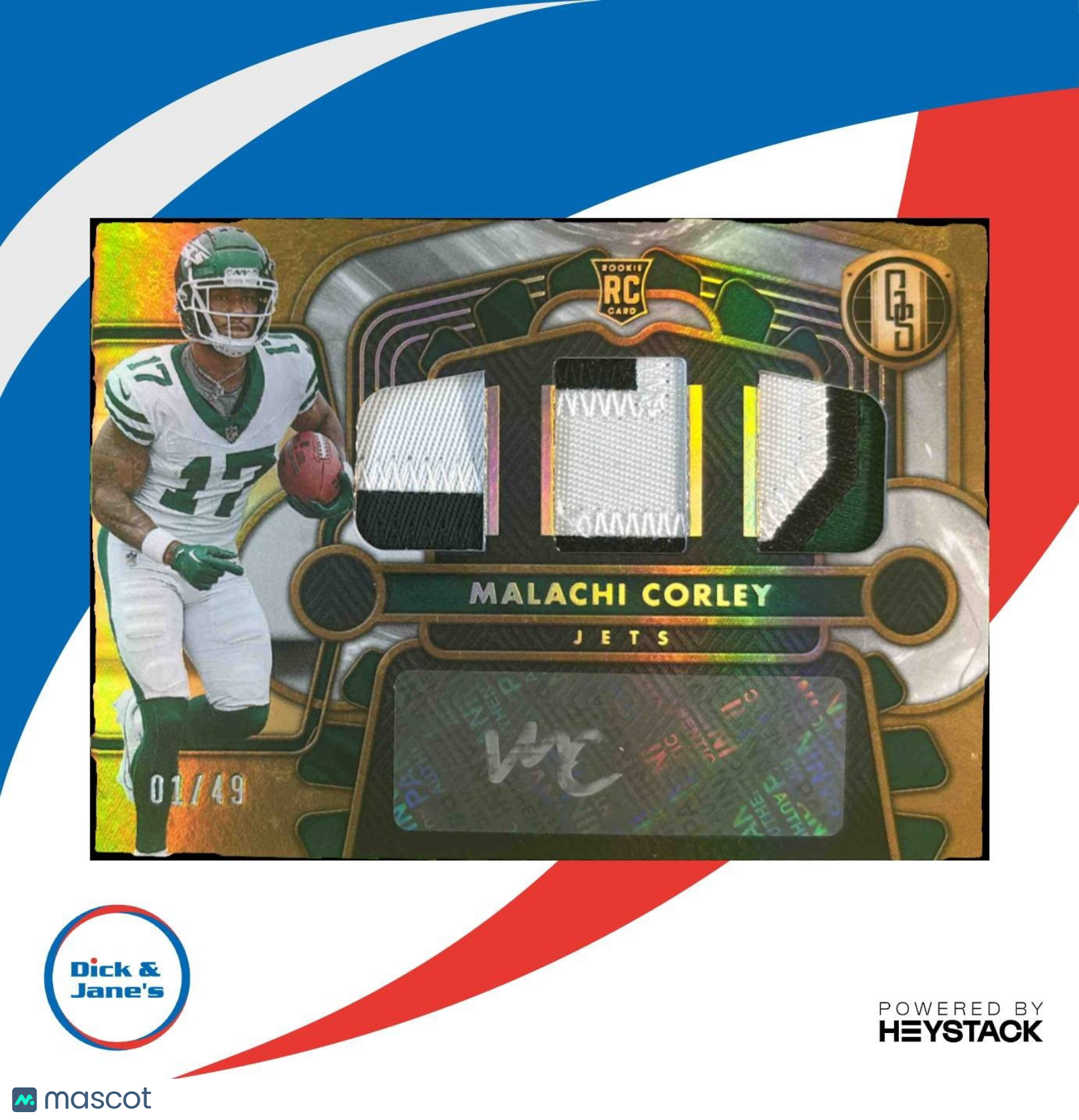 2024 Panini Gold Standard Malachi Corley Rookie Auto Triple Patch 1/49 RC Jets - Sports Cards
