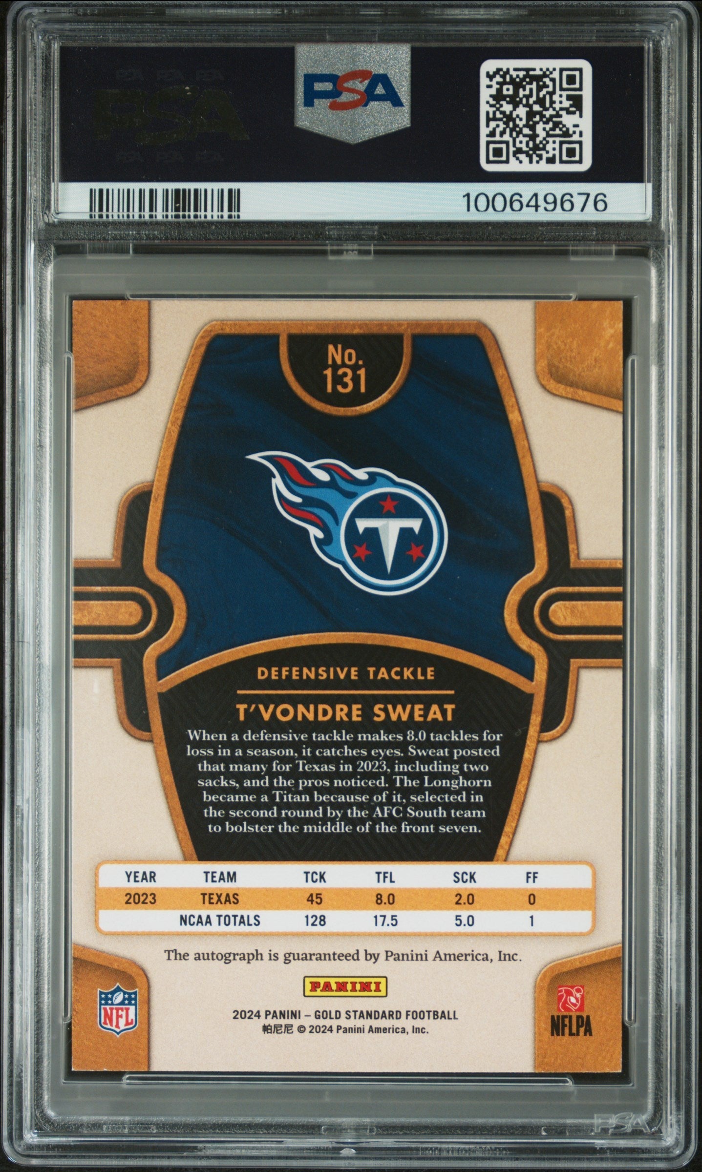 2024 Panini Gold Standard T’vondre Sweat Autograph Platinum #131 PSA 8 AU RC - Graded Sports Cards