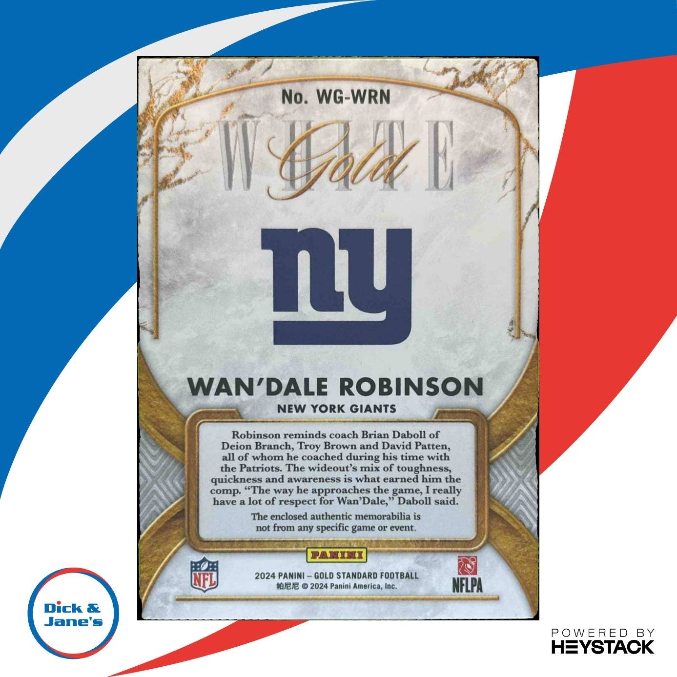 2024 Panini Gold Standard Wan’Dale Robinson White Gold Patch /299 MEM Giants - Sports Cards
