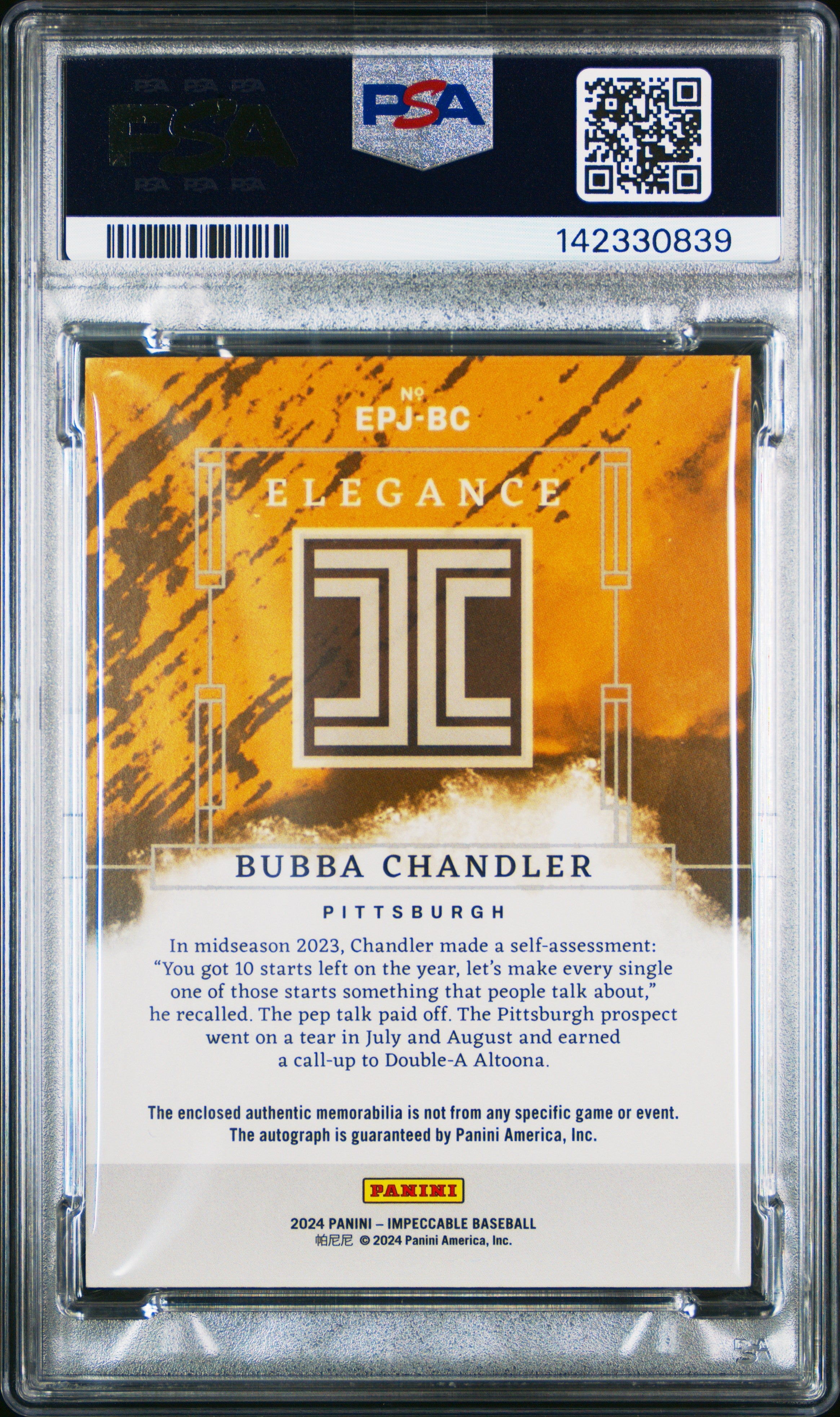 2024 Panini Impeccable Elegance Autographs Bubba Chandler 06/25 PSA 9 MINT - Graded Sports Cards
