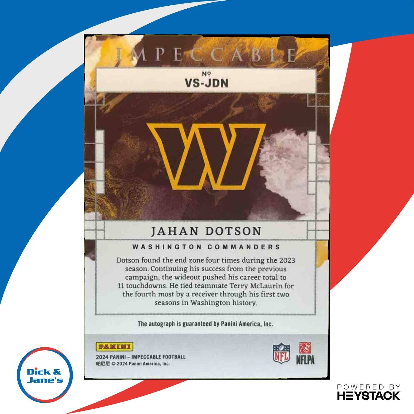 2024 Panini Impeccable Jahan Dotson Vibe Signatures Gold 1/10 Auto Commanders - Sports Cards