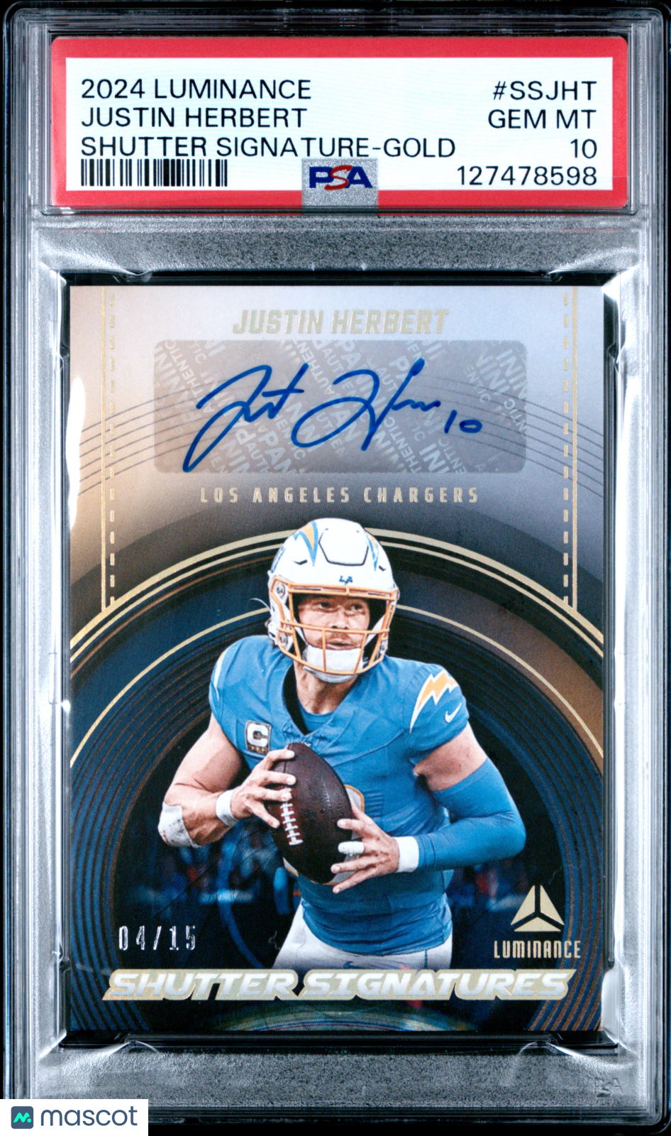 2024 Panini Luminance Shutter Signatures Justin Herbert Gold 04/15 #SSJHT PSA 10 - Graded Sports Cards