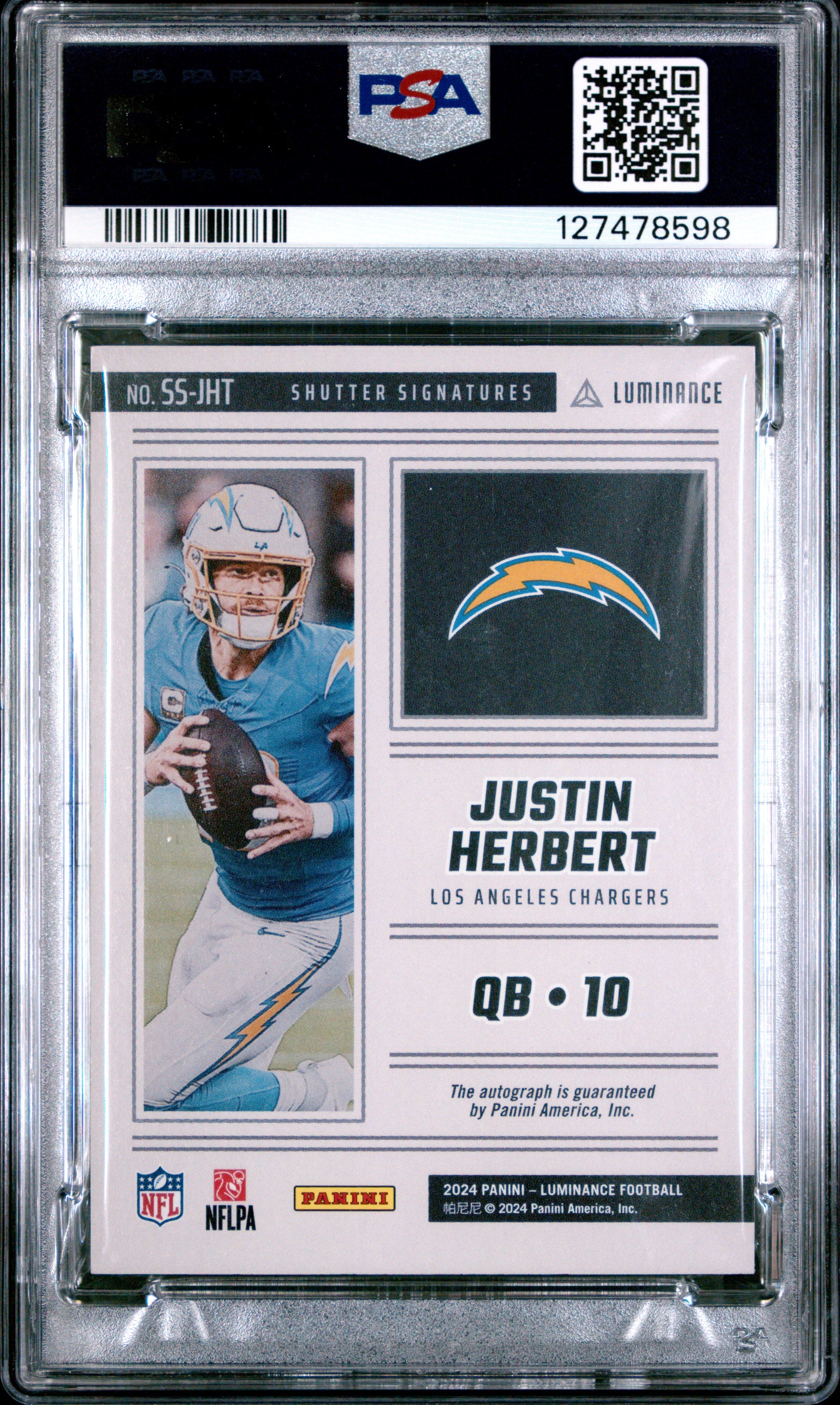 2024 Panini Luminance Shutter Signatures Justin Herbert Gold 04/15 #SSJHT PSA 10 - Graded Sports Cards