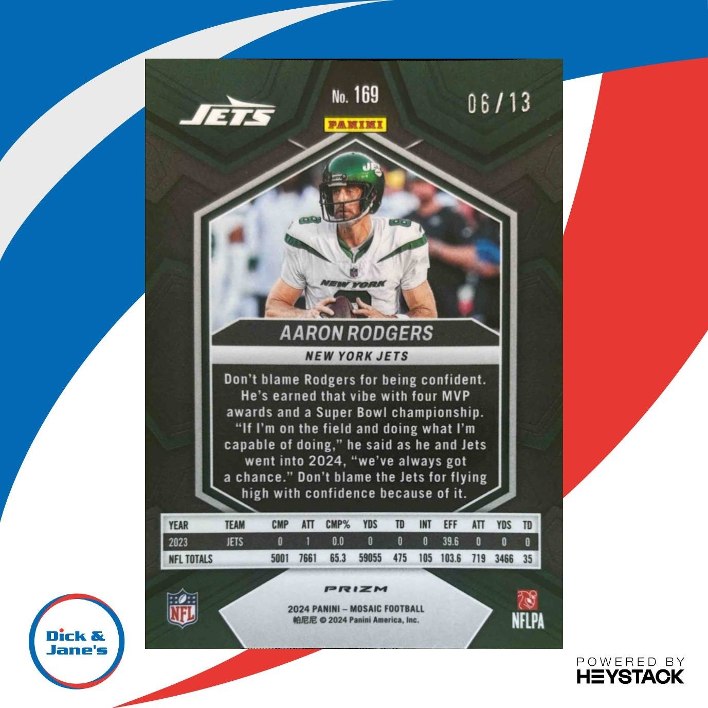 2024 Panini Mosaic Aaron Rodgers Green Swirl Prizm COLOR MATCH /13 #169 Jets - Sports Cards