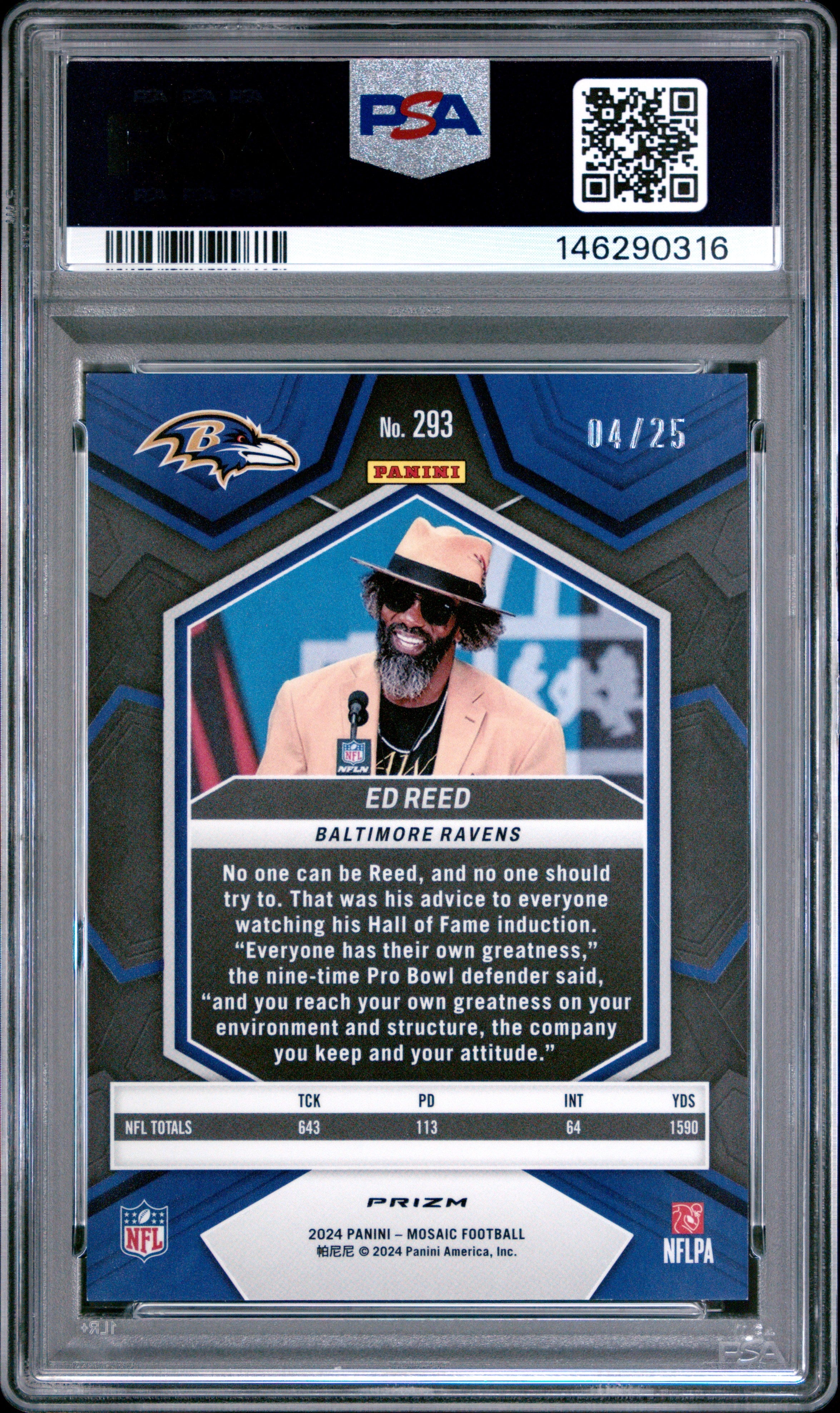 2024 Panini Mosaic Ed Reed White #293 PSA 9 4/25 - Graded Sports Cards