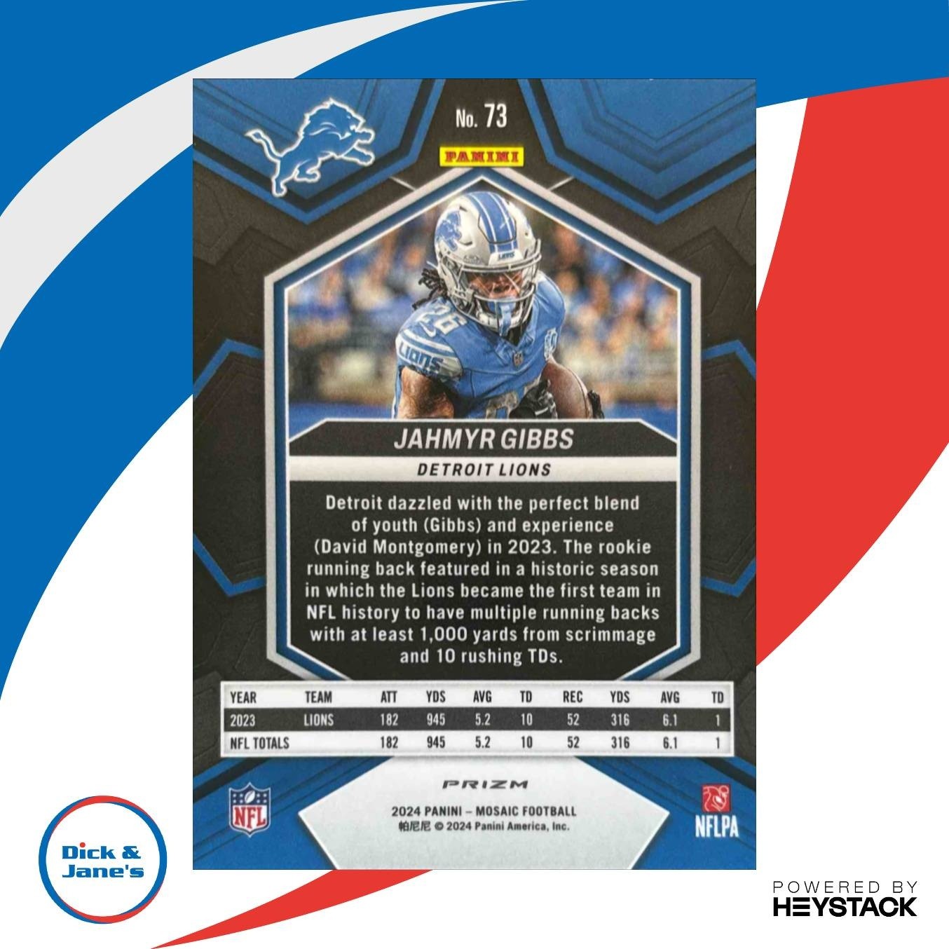 2024 Panini Mosaic Jahmyr Gibbs Reactive Yellow Prizm #73 Detroit Lions - Sports Cards