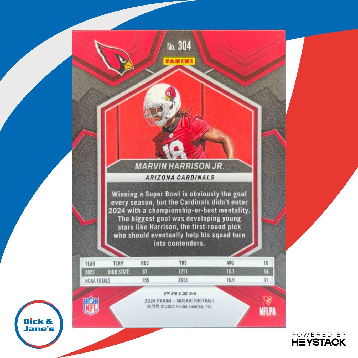 2024 Panini Mosaic Marvin Harrison Jr. Reactive Blue Prizm #304 Rookie Cardinals - Sports Cards