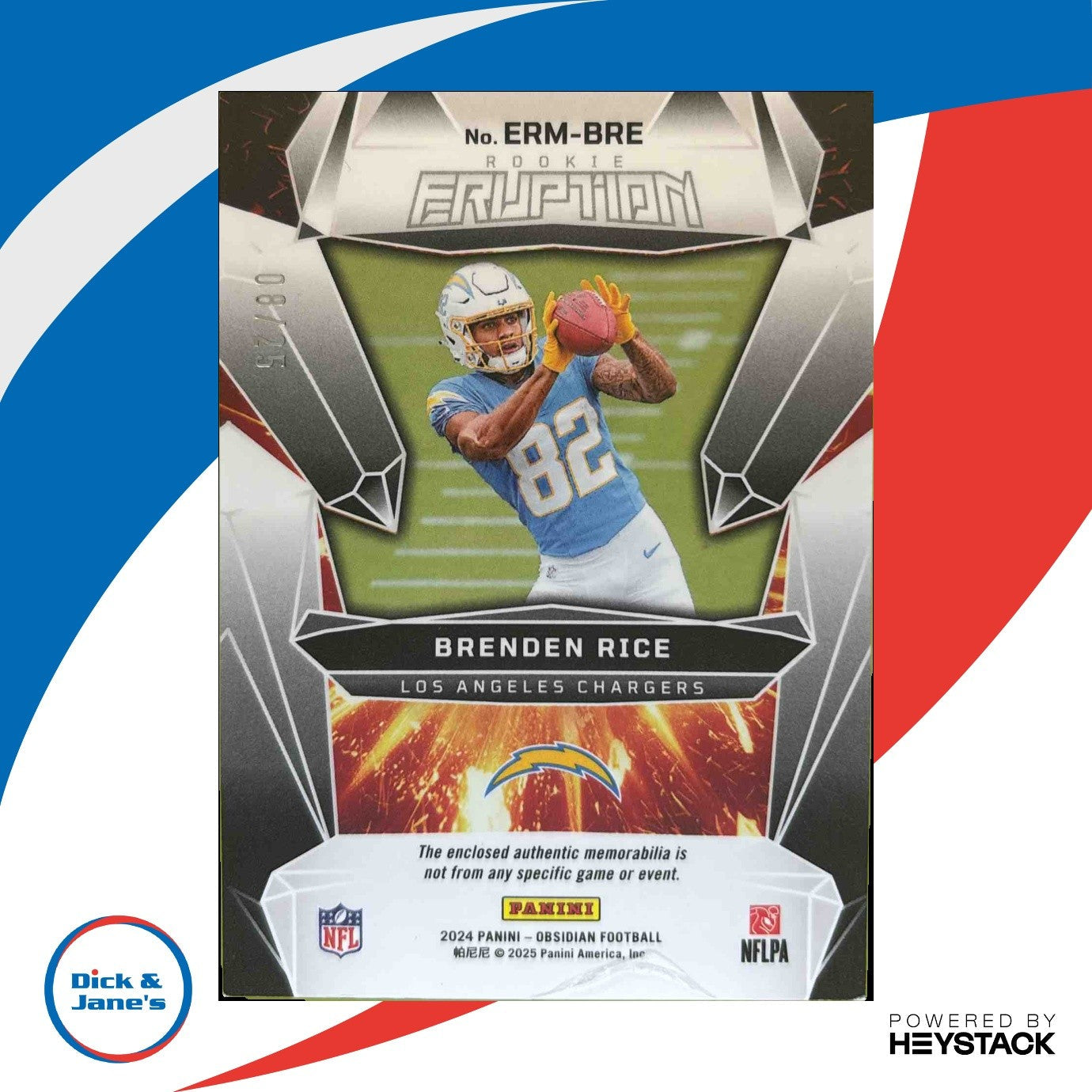 2024 Panini Obsidian Brenden Rice Rookie Eruption Materials Blue 8/25 Chargers - Sports Cards
