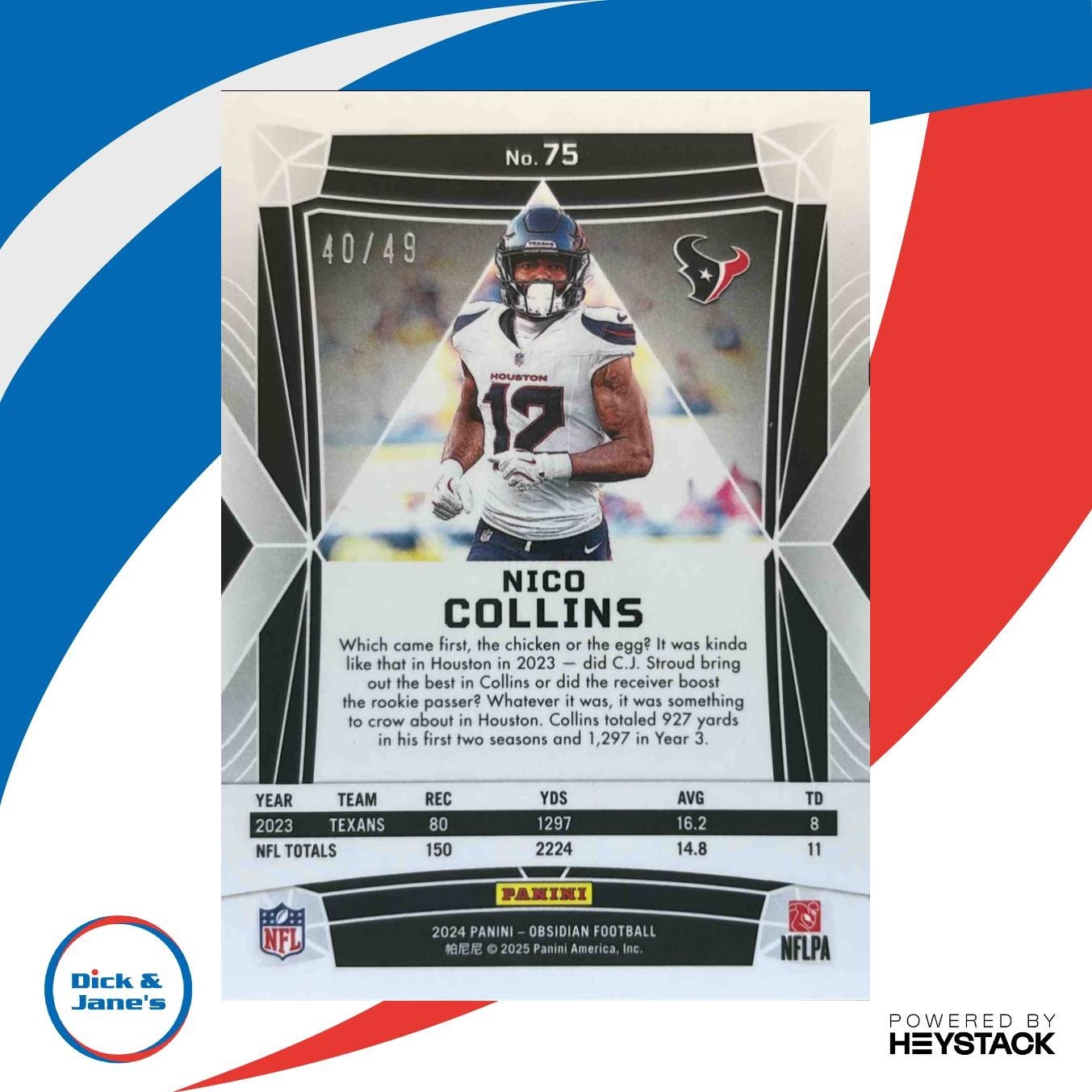 2024 Panini Obsidian Nico Collins Red 40/49 #75 Houston Texans - Sports Cards