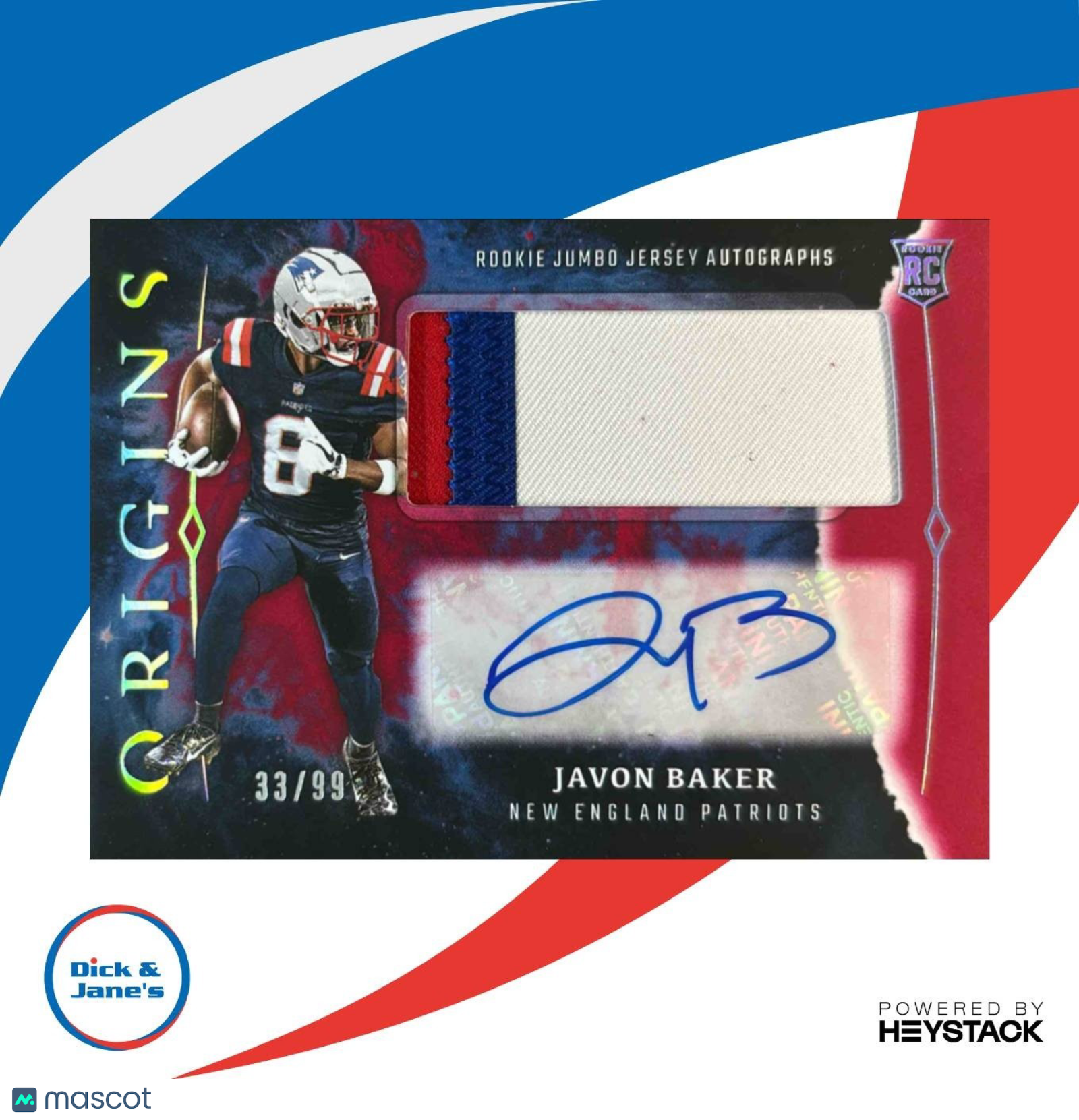 2024 Panini Origins Javon Baker Rookie Jumbo Jersey Auto Red Patch /99 Patriots - Sports Cards