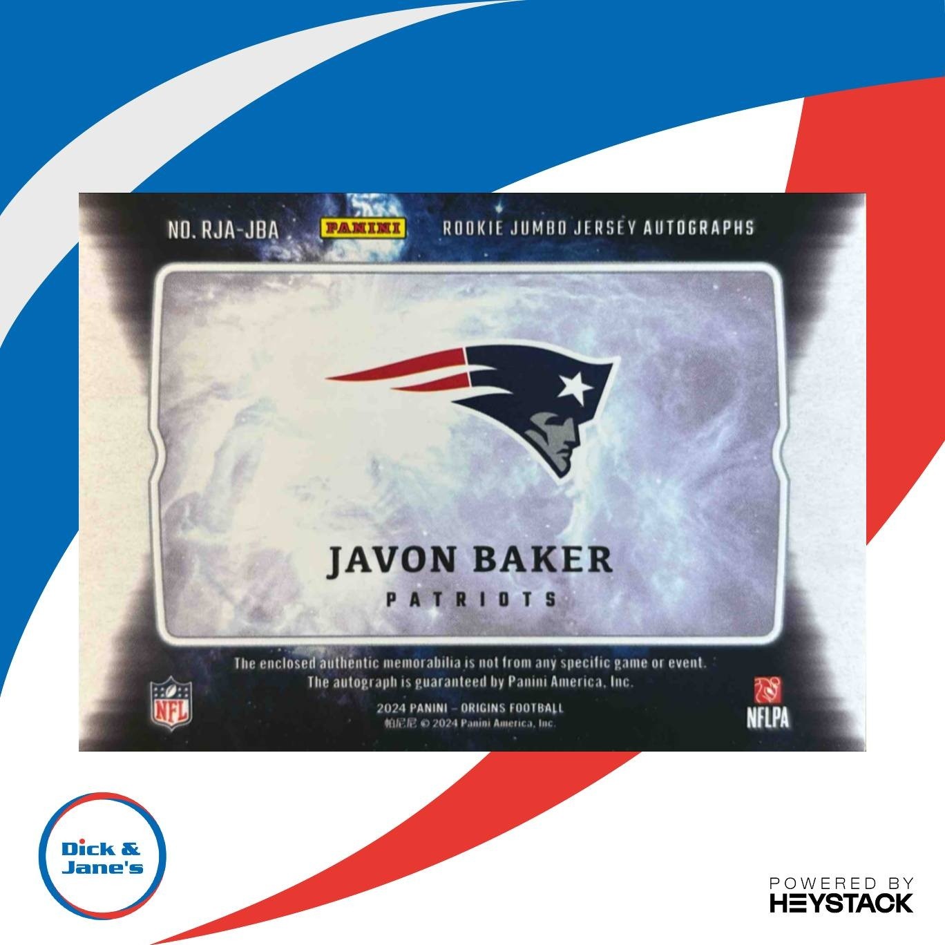 2024 Panini Origins Javon Baker Rookie Jumbo Jersey Auto Red Patch /99 Patriots - Sports Cards