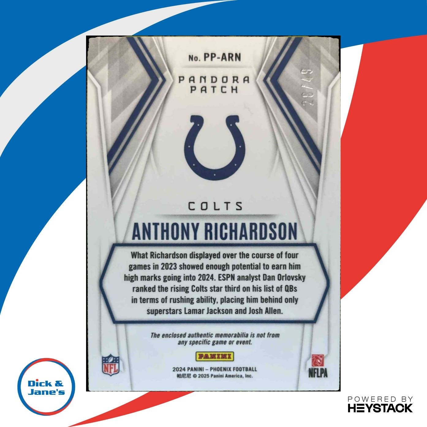2024 Panini Phoenix Anthony Richardson Big Patch Blue /49 MEM Indianapolis Colts - Sports Cards
