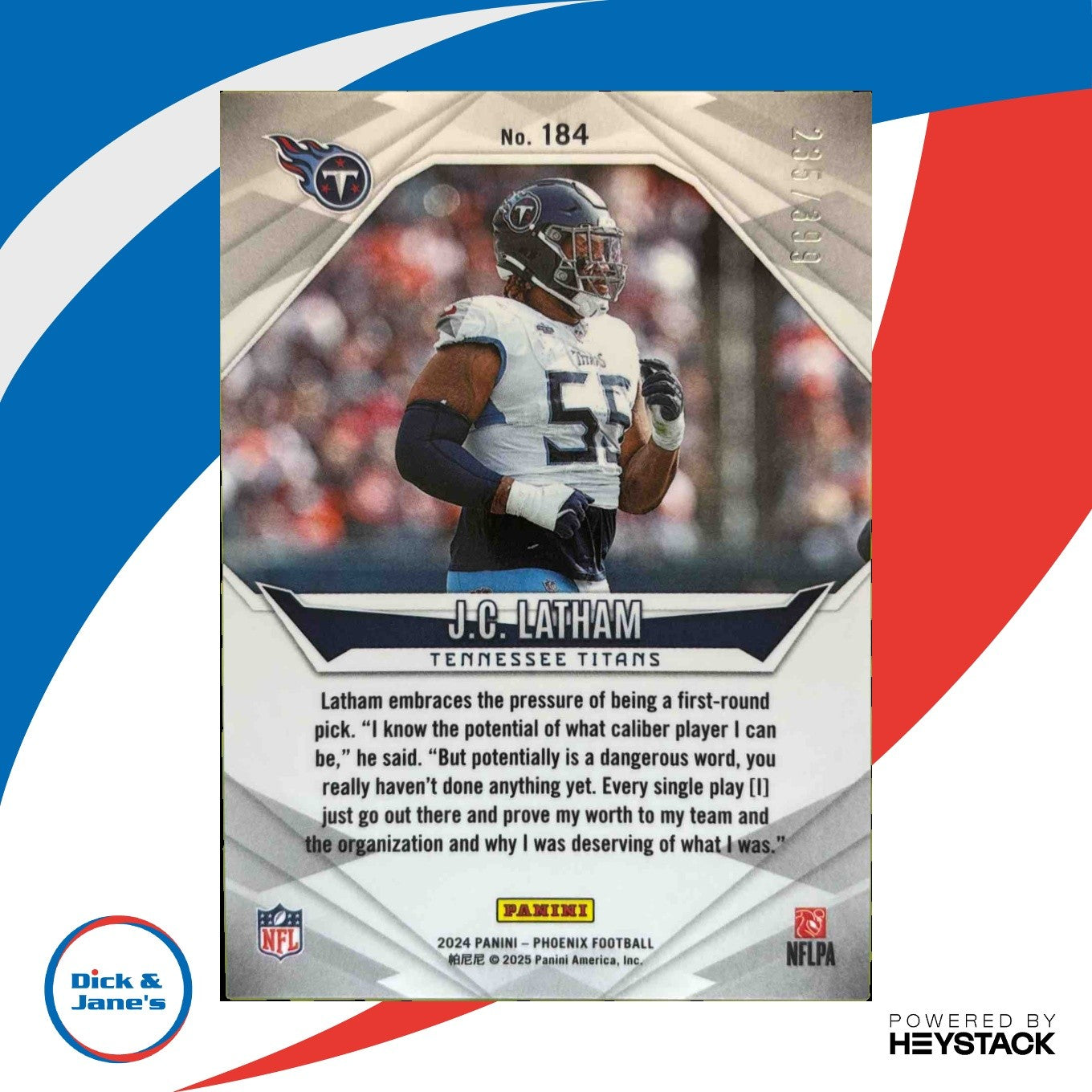 2024 Panini Phoenix J.C. Latham Teal Helmet 235/399 #184 RC Titans - Sports Cards