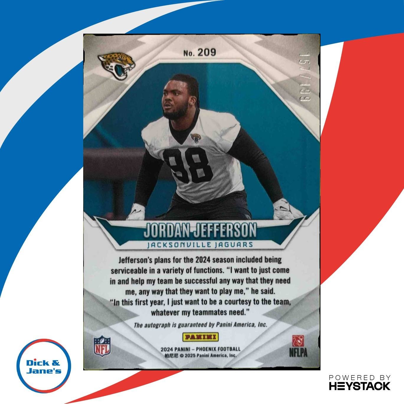 2024 Panini Phoenix Jordan Jefferson Rookie Auto /199 #209 RC Jaguars - Sports Cards