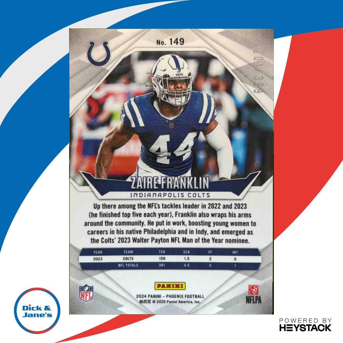 2024 Panini Phoenix Zaire Franklin Teal Helmet 201/399 #149 Colts - Sports Cards