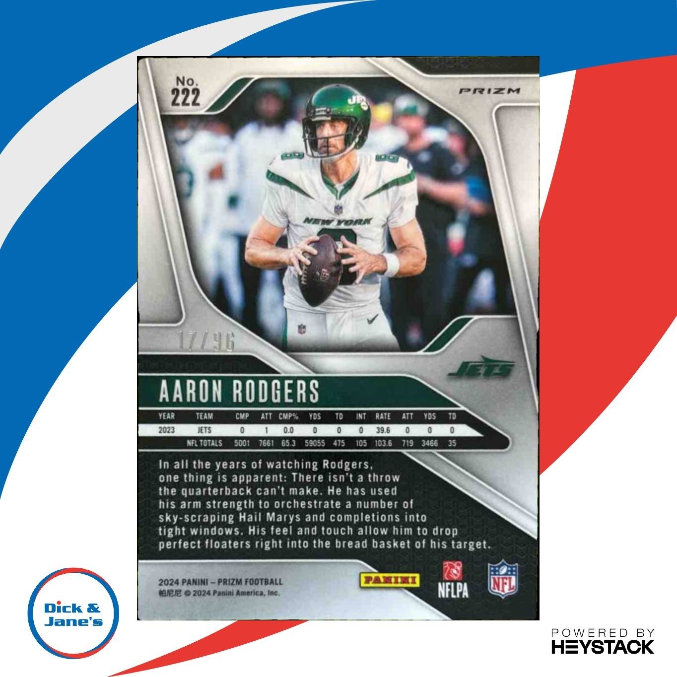 2024 Panini Prizm Aaron Rodgers Blue Sparkle 17/96 #222 New York Jets - Sports Cards