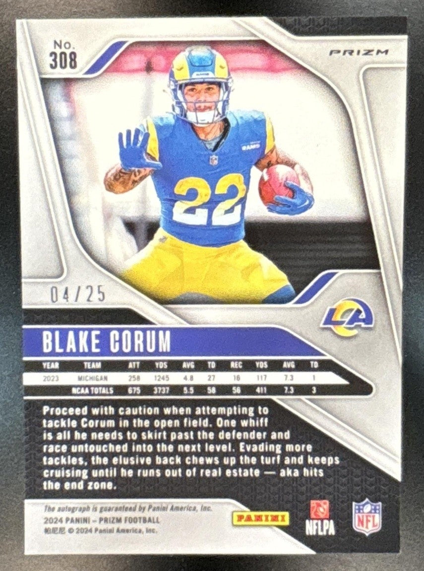 2024 Panini Prizm Blake Corum Auto Blue Shimmer /25 #308 RC Los Angeles Rams - Sports Cards