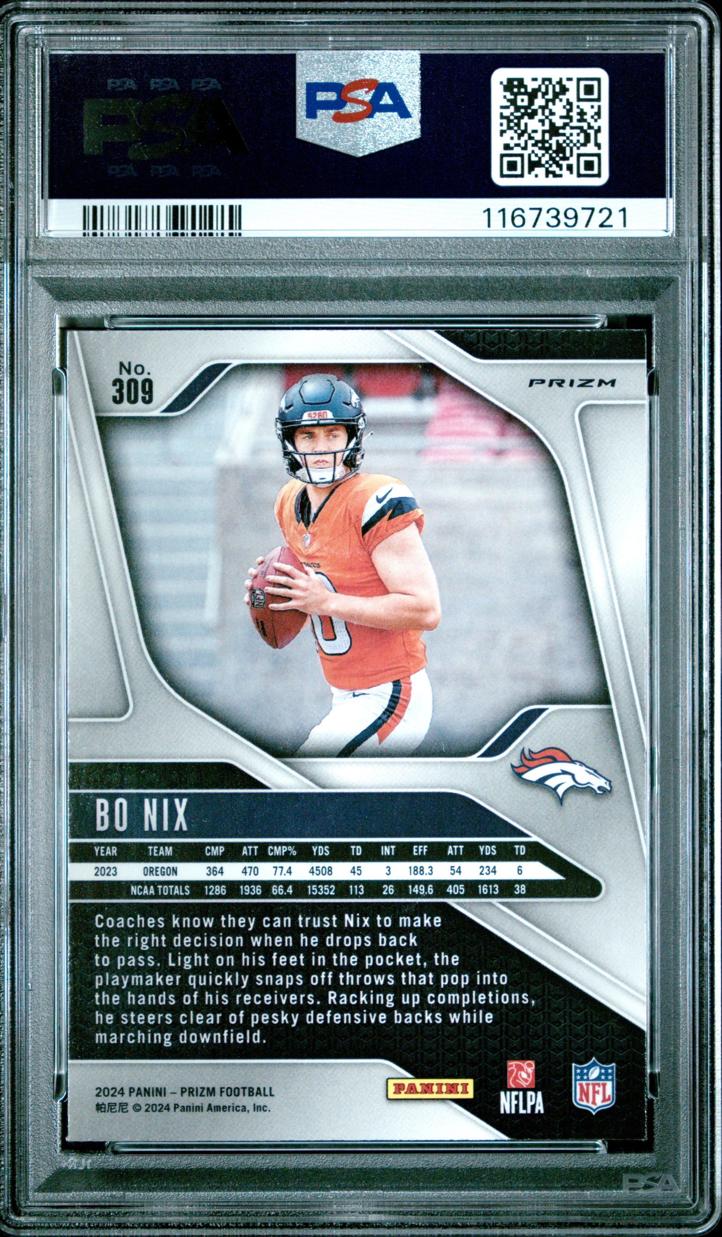 2024 Panini Prizm Bo Nix Orange Disco Rookie #309 PSA 9 MINT Denver Broncos - Graded Sports Cards