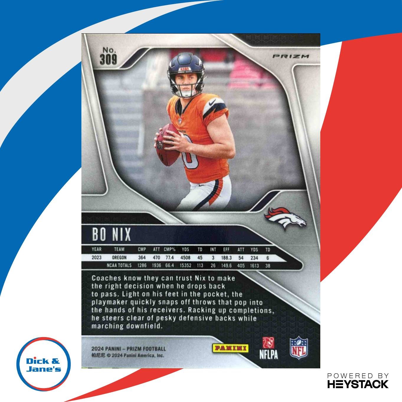 2024 Panini Prizm Bo Nix Red White and Blue #309 RC Denver Broncos - Sports Cards