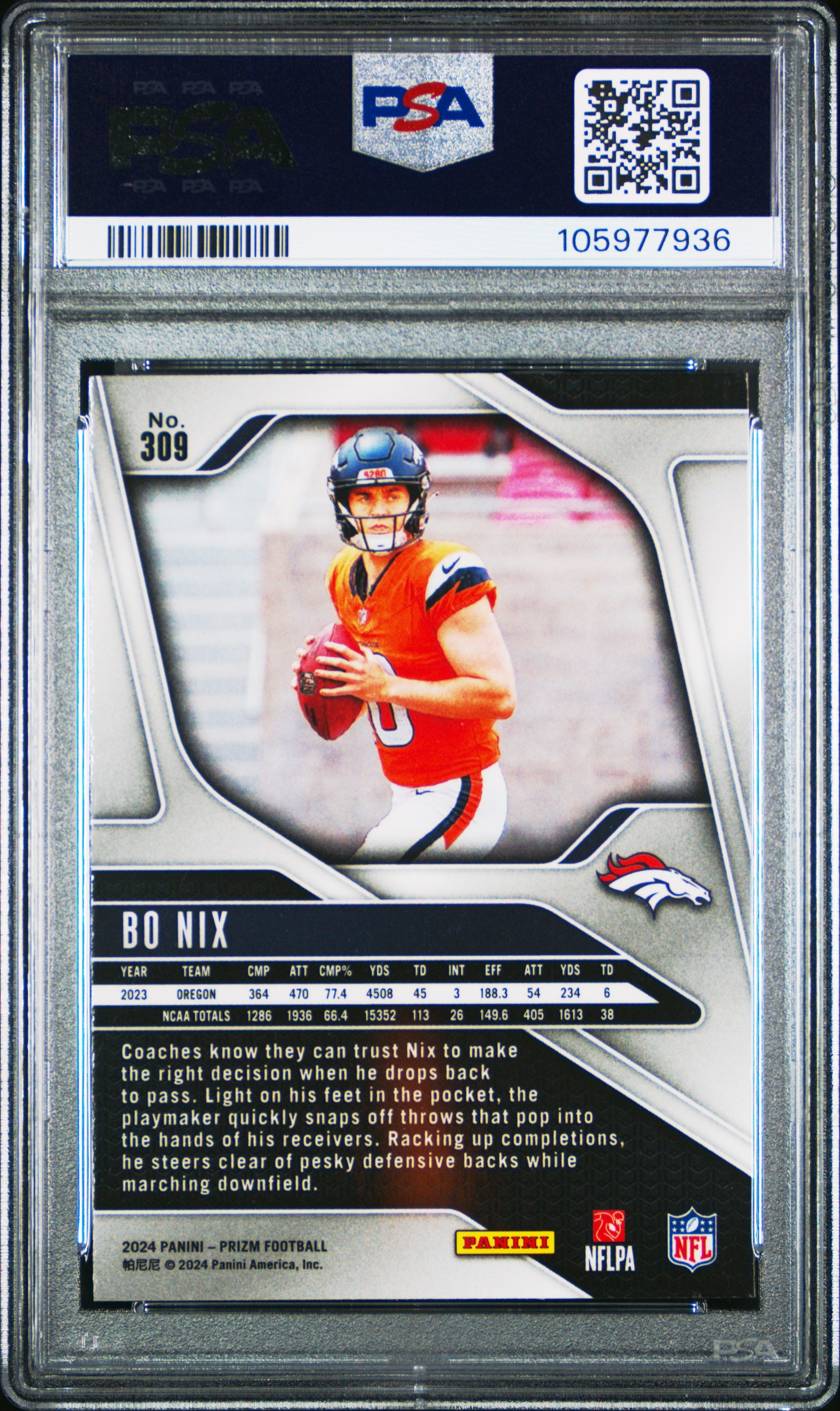 2024 Panini Prizm Bo Nix Rookie #309 PSA 9 MINT Denver Broncos - Graded Sports Cards