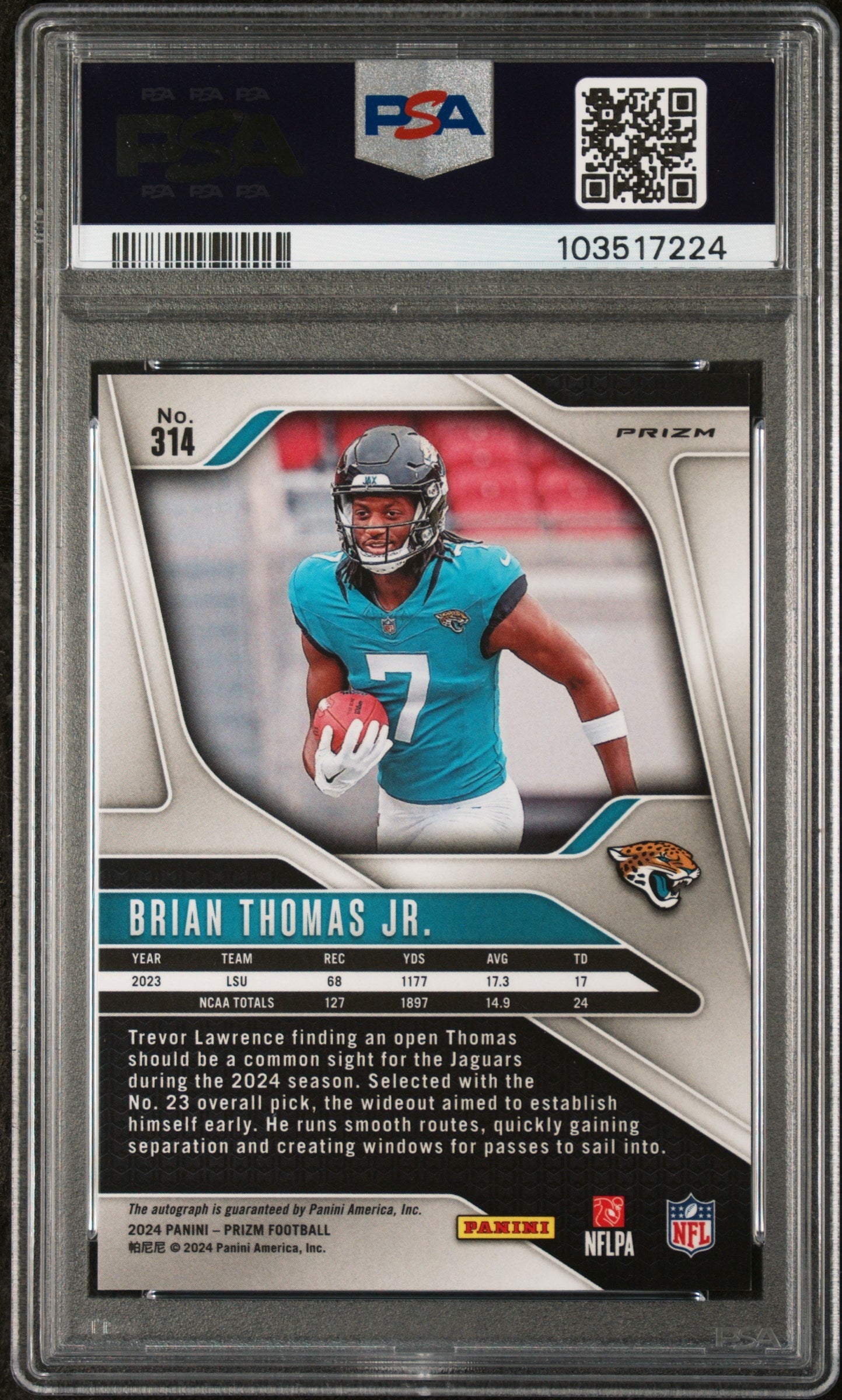 2024 Panini Prizm Brian Thomas Jr Autograph #314 PSA 9
