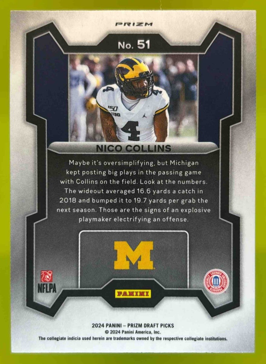 2024 Panini Prizm Collegiate Draft Picks Nico Collins Green #51 Wolverines - Sports Cards