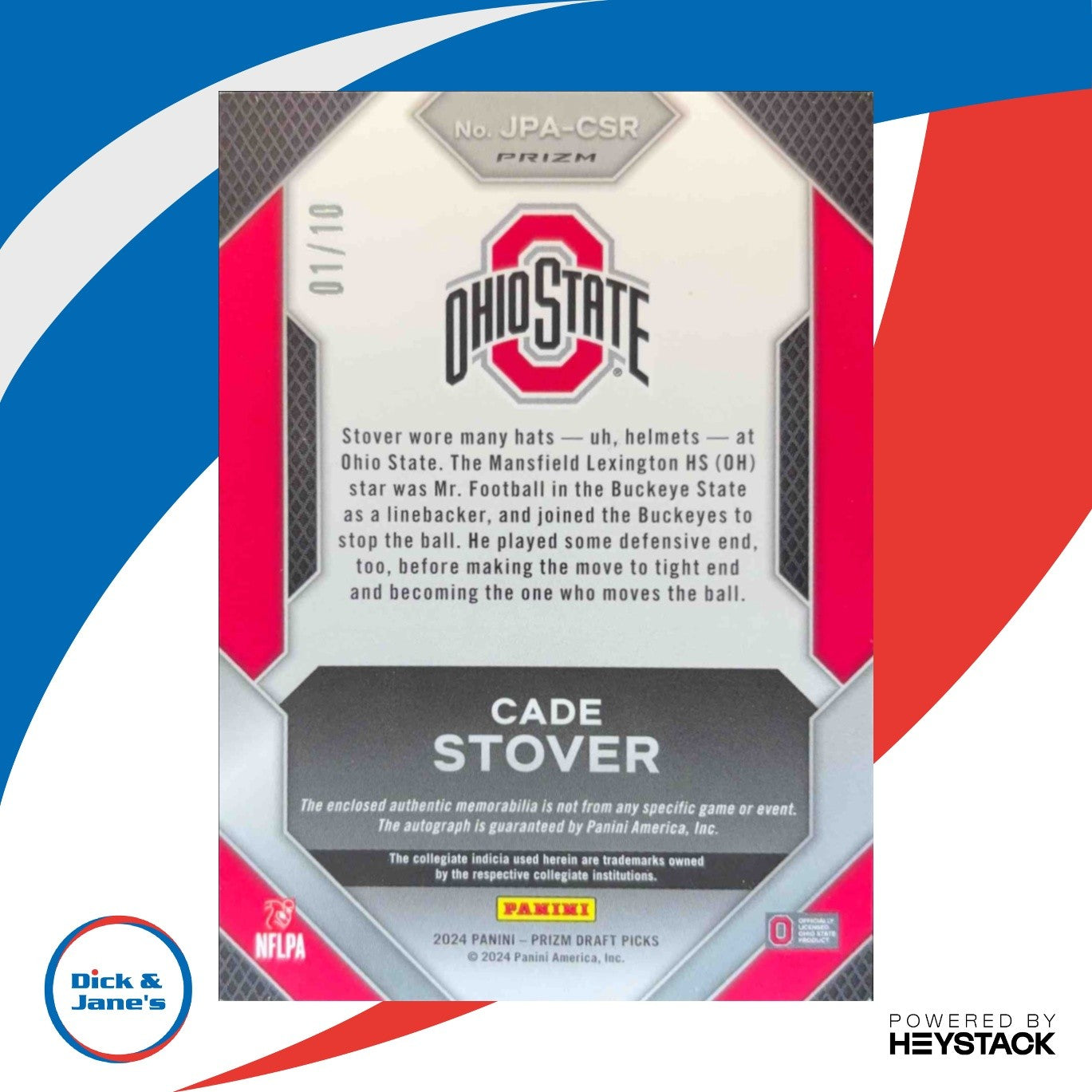2024 Panini Prizm Draft Picks Jumbo Rookie Patch Autographs Gold Cade Stover /10 - Sports Cards