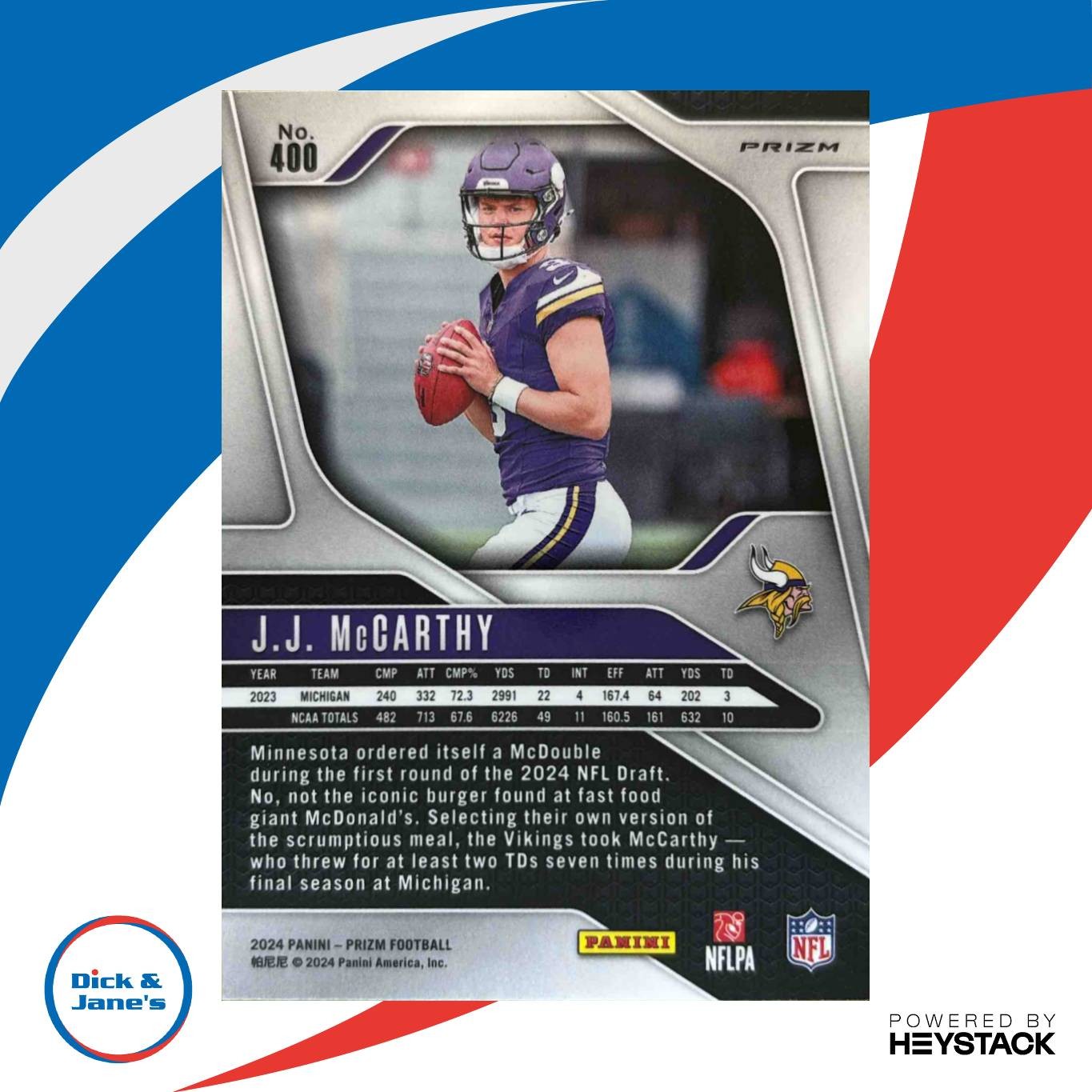 2024 Panini Prizm J.J. McCarthy Green #400 RC Minnesota Vikings - Sports Cards