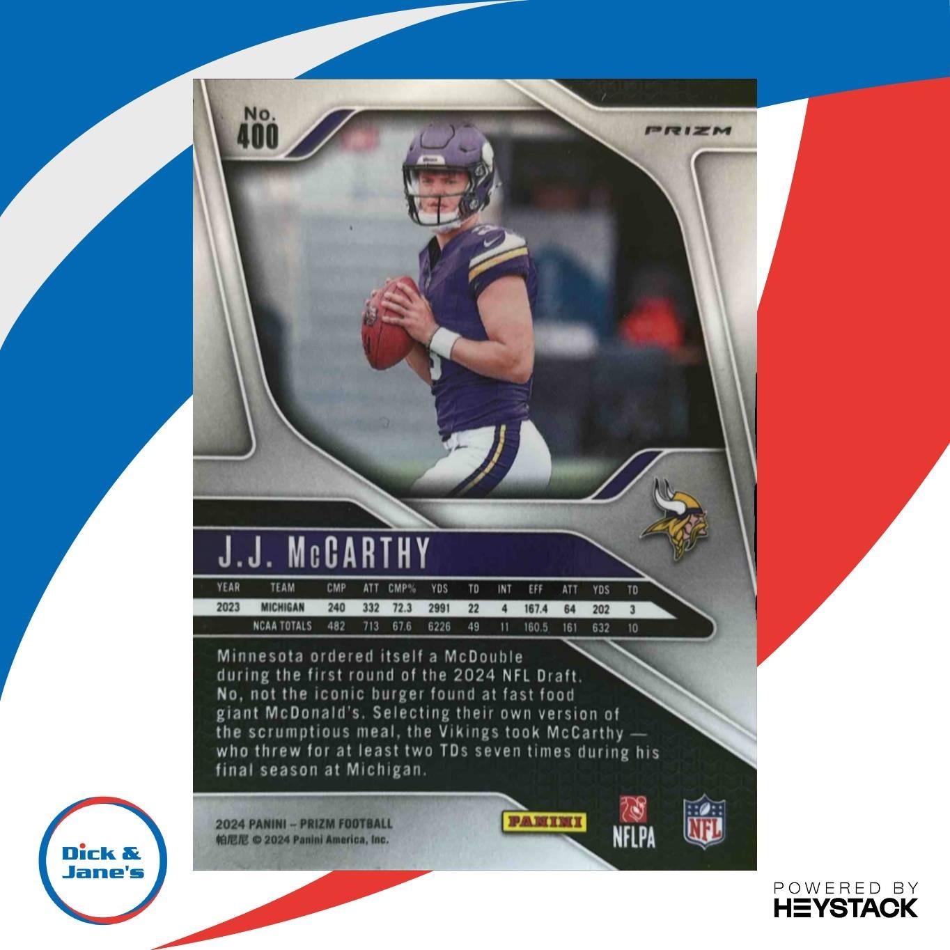 2024 Panini Prizm J.J. McCarthy Lazer #400 RC Minnesota Vikings - Sports Cards