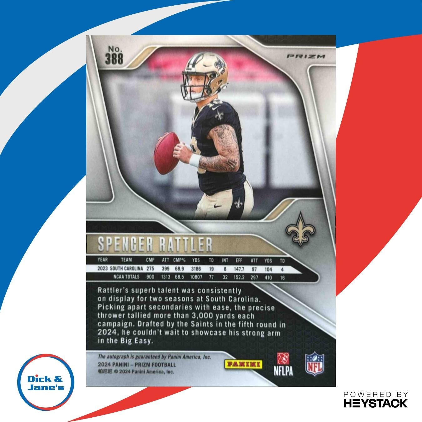 2024 Panini Prizm Spencer Rattler Auto Silver #388 RC New Orleans Saints - Sports Cards