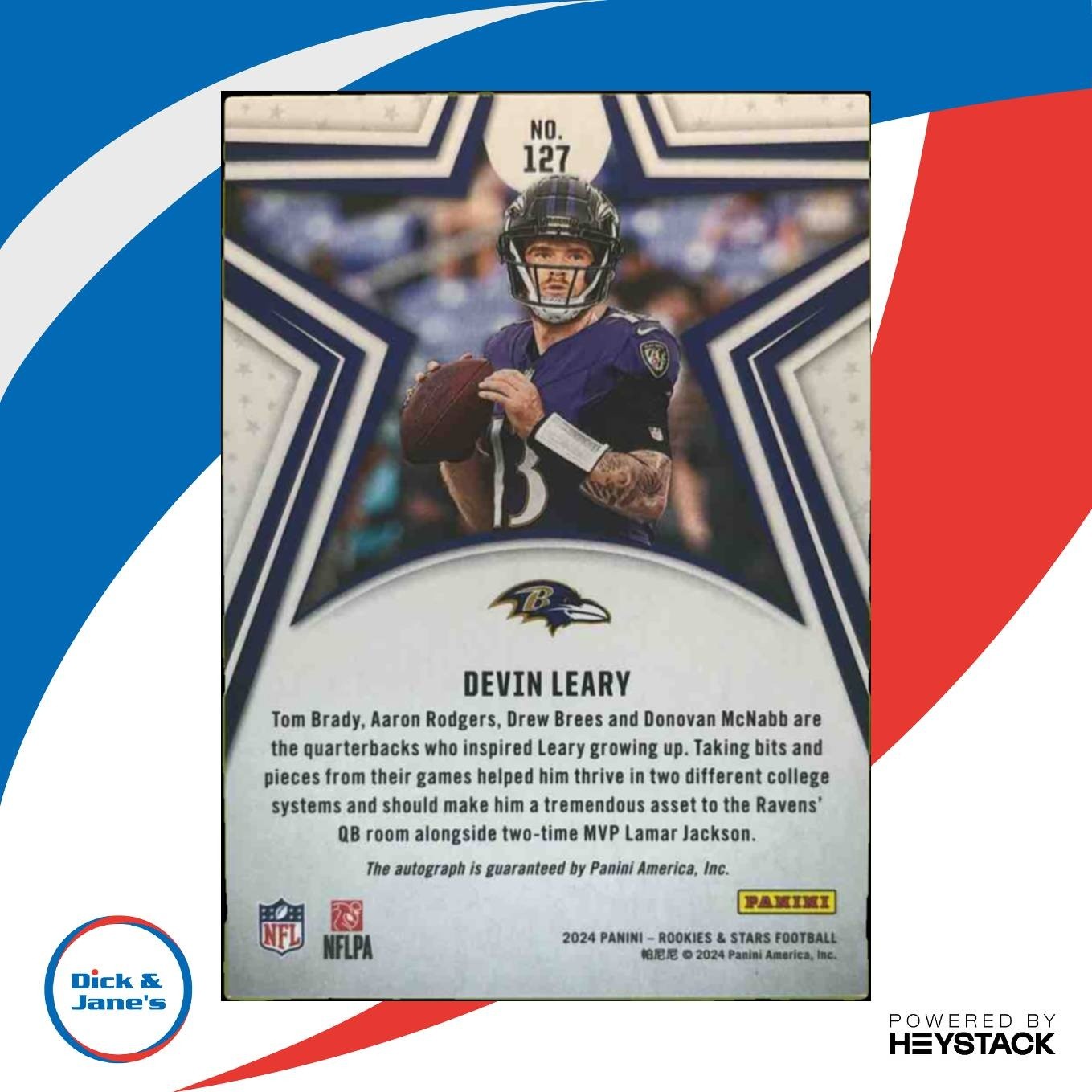 2024 Panini Rookies & Stars Devin Leary Signatures 8/499 #127 RC Auto Ravens - Sports Cards