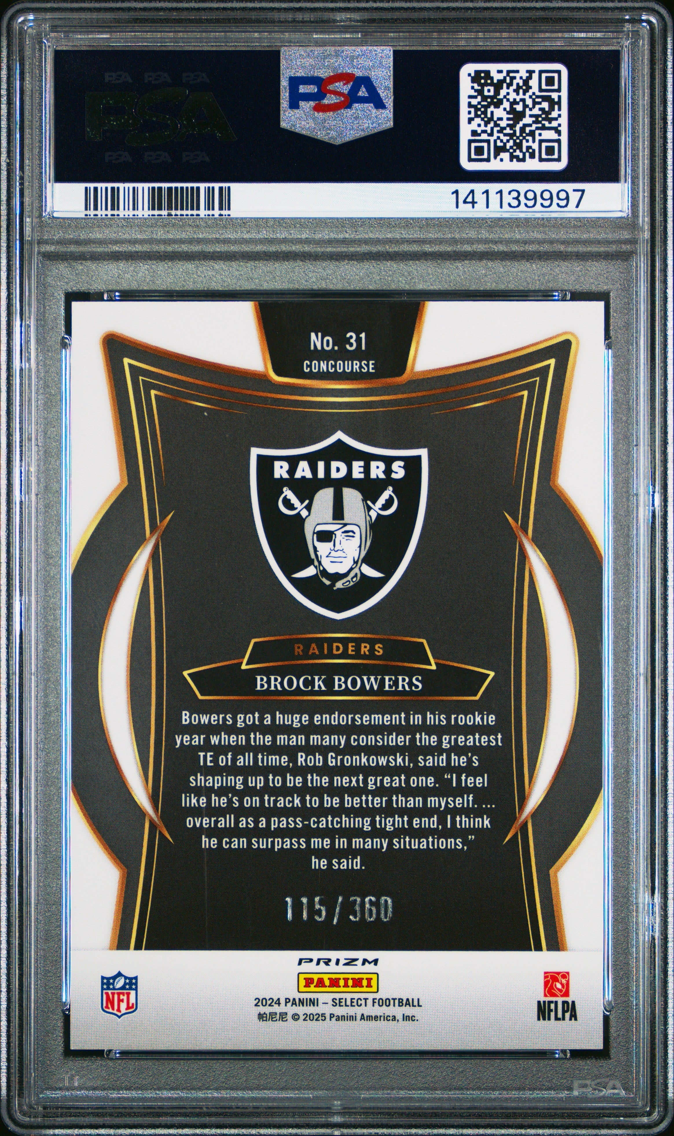 2024 Panini Select Brock Bowers Purple Shock Rookie 115/360 PSA 9 MINT Raiders - Graded Sports Cards