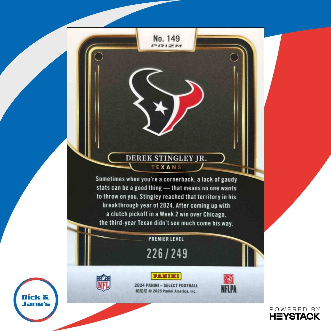 2024 Panini Select Derek Stingley Jr Tri-Color Prizm 226/249 #149 Houston Texans - Sports Cards