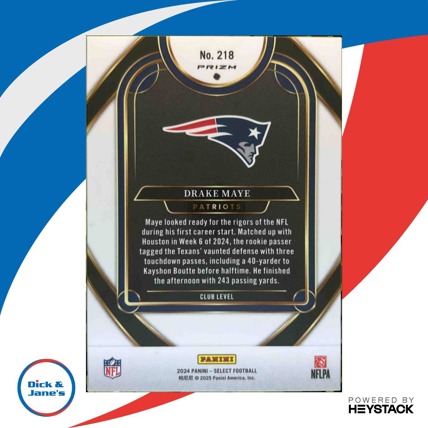 2024 Panini Select Drake Maye Club Red and Blue Prizm Shock #218 RC New England - Sports Cards