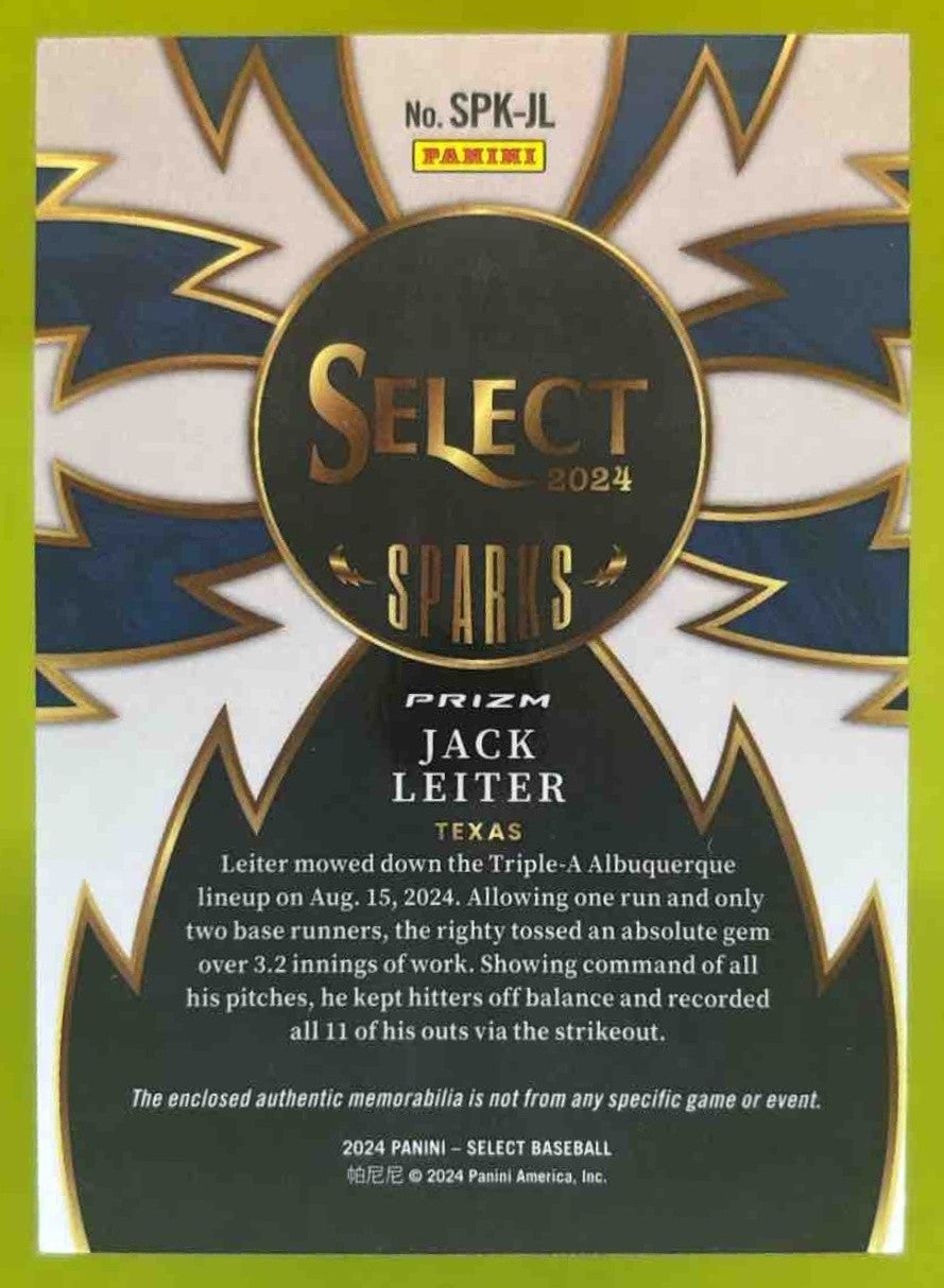 2024 Panini Select Jack Leiter Sparks Relics Flash Prizms MEM RC Texas Rangers - Sports Cards