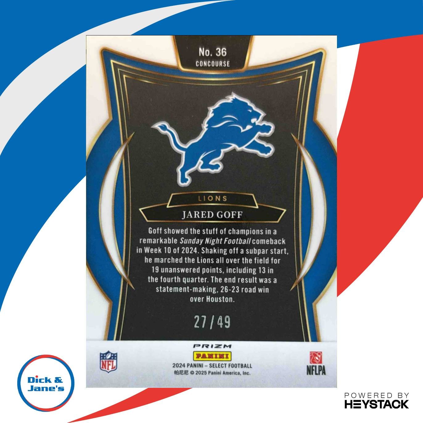 2024 Panini Select Jared Goff Concourse Red Disco Prizm 27/49 #36 Detroit Lions - Sports Cards