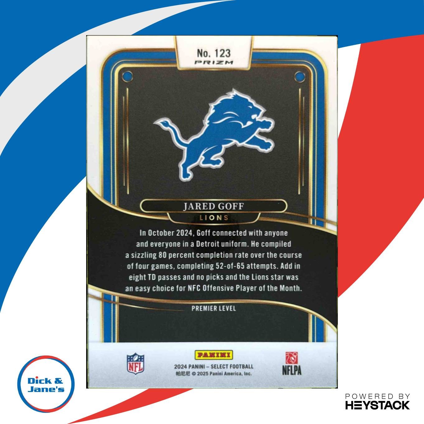 2024 Panini Select Jared Goff Premier Zebra Prizm #123 Detroit Lions - Sports Cards