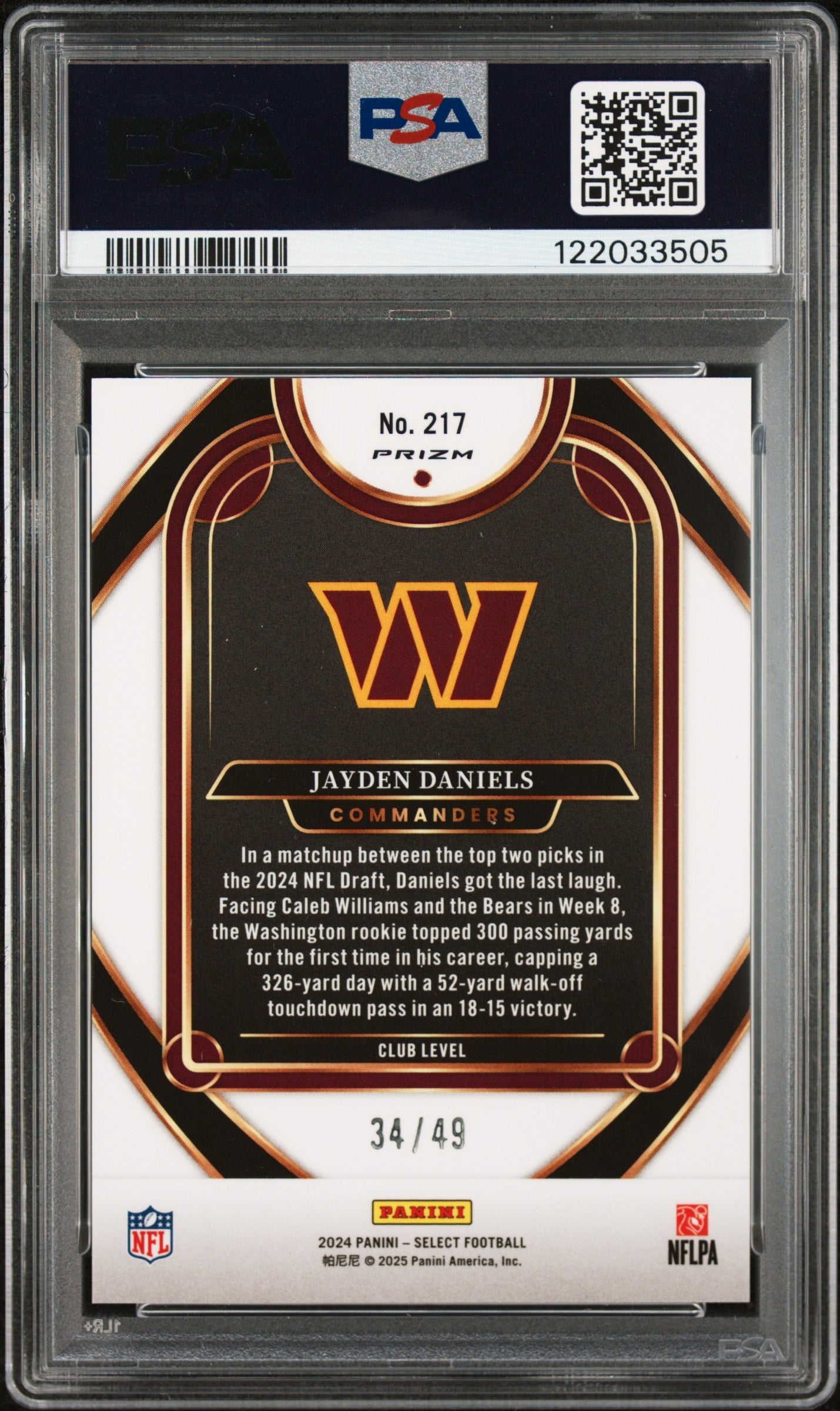 2024 Panini Select Jayden Daniels Red Prizm Rookie 34/49 #217 PSA 10 GEM MINT - Graded Sports Cards