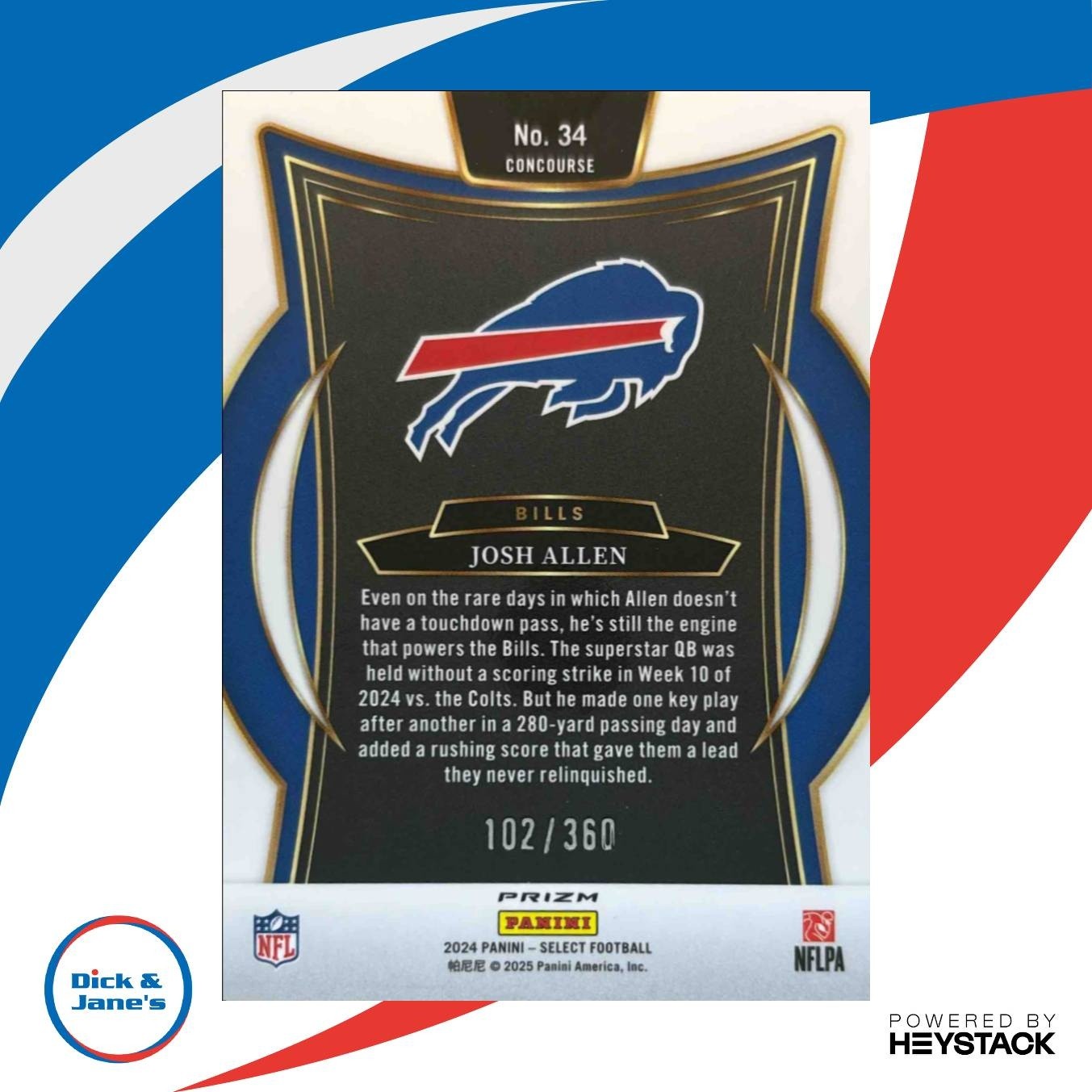 2024 Panini Select Josh Allen Purple Prizm Shock /360 #34 Buffalo Bills - Sports Cards