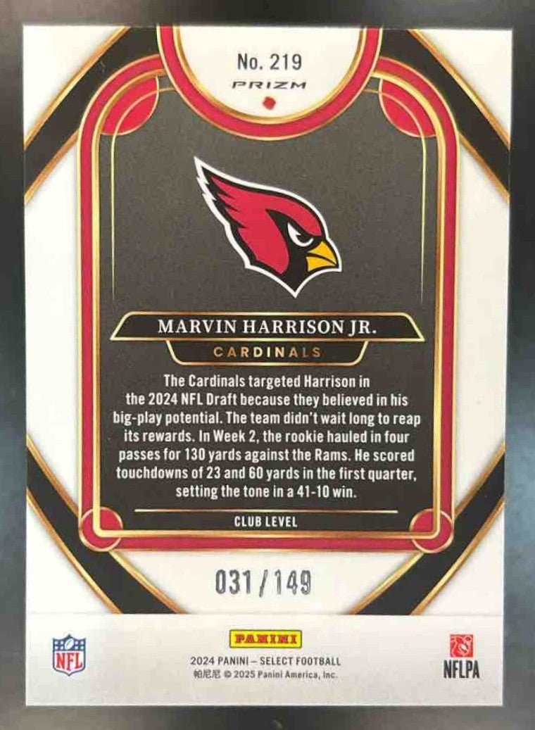 2024 Panini Select Marvin Harrison Jr. Tri-Color Prizm /149 #219 RC Cardinals - Sports Cards