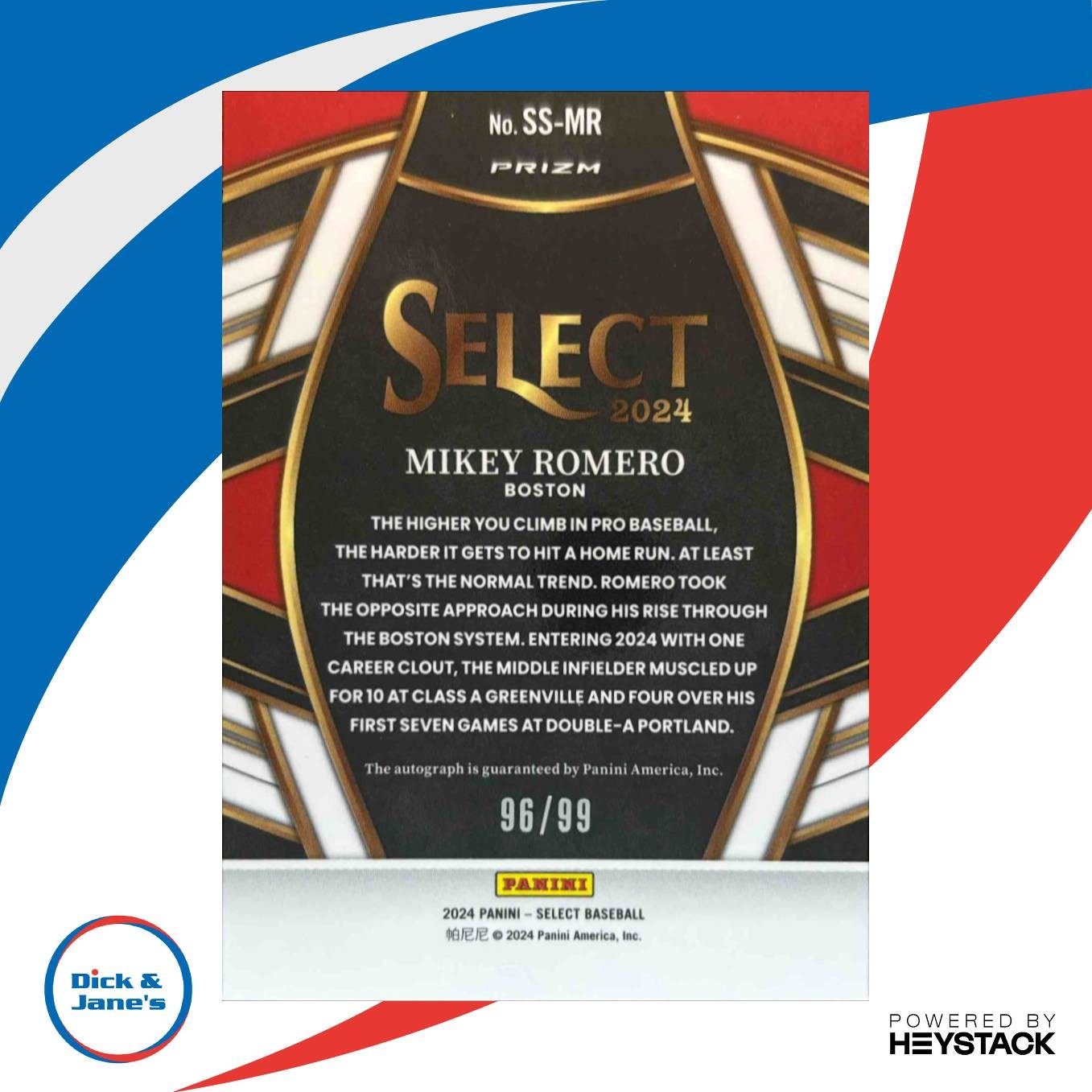 2024 Panini Select Mikey Romero Signature Selections Red /99 Auto Boston Sox - Sports Cards