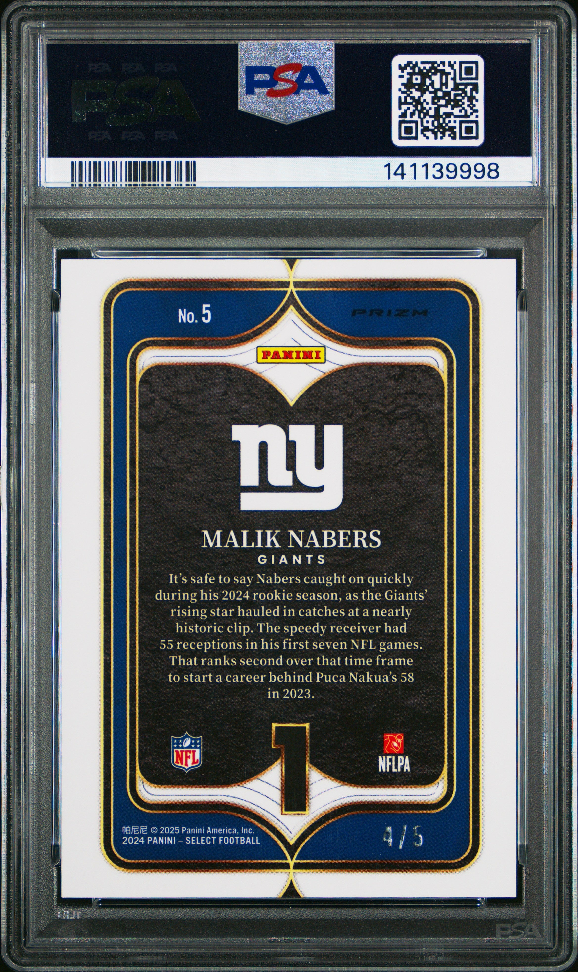 2024 Panini Select Select Numbers Malik Nabers GRN Prizm 4/5 Rookie PSA 9 MINT - Graded Sports Cards